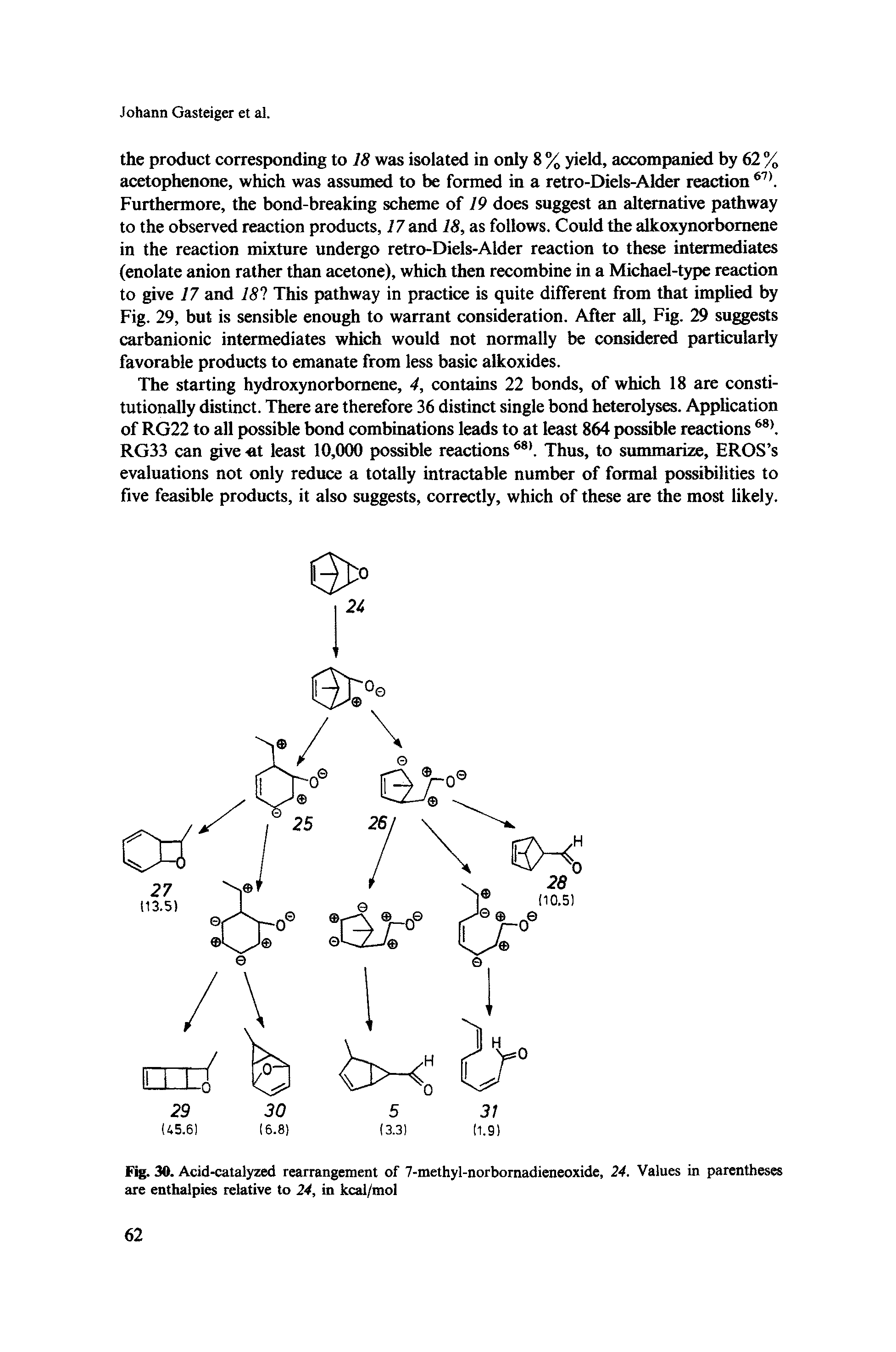 Fig. 30. Acid-catalyzed rearrangement of 7-methyl-norbornadieneoxide, 24. Values in parentheses are enthalpies relative to 24, in kcal/mol...