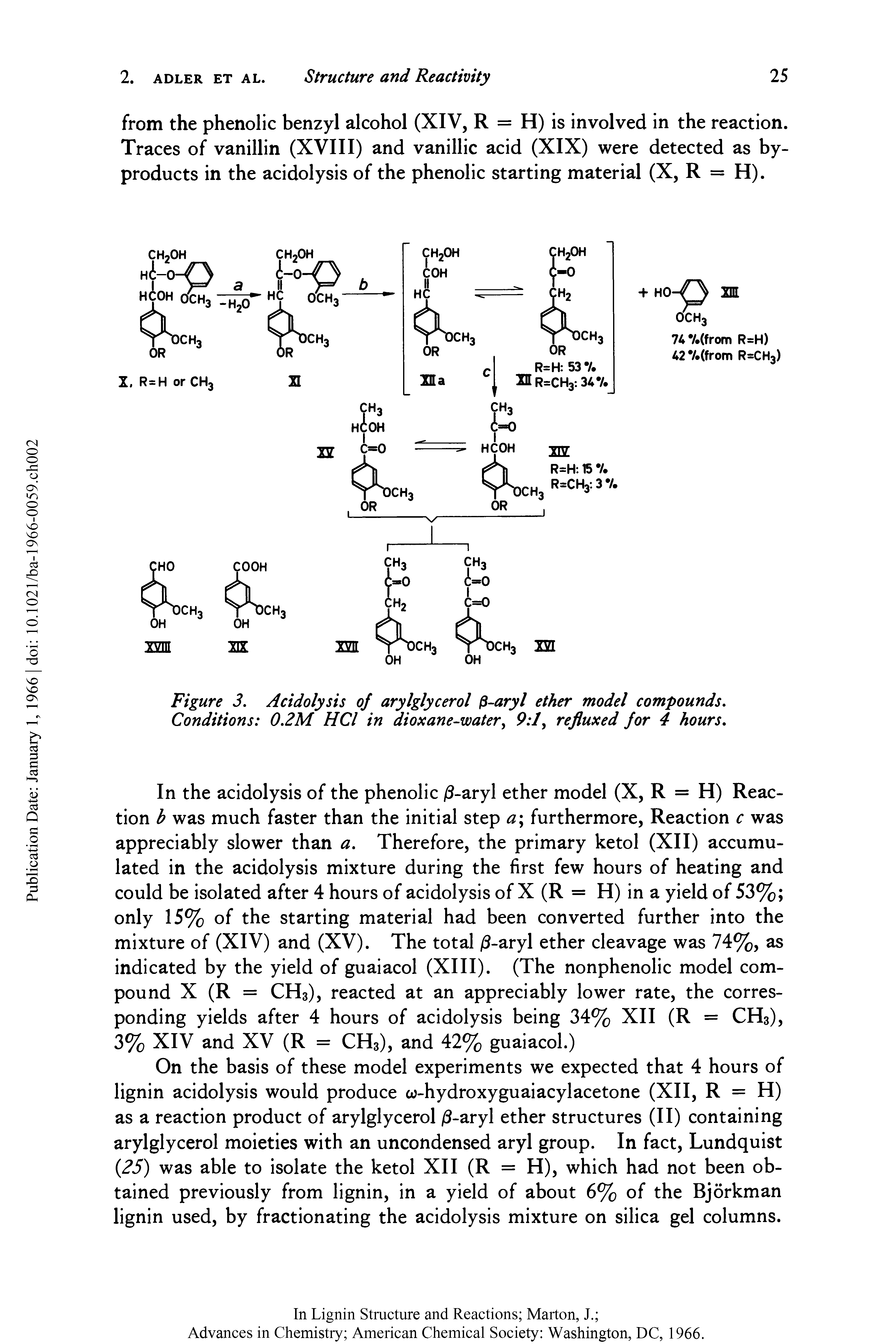 Figure 3. Acidolysis of arylglycerol -aryl ether model compounds. Conditions 0.2M HCl in dioxane-water, 9 1, refluxed for 4 hours.
