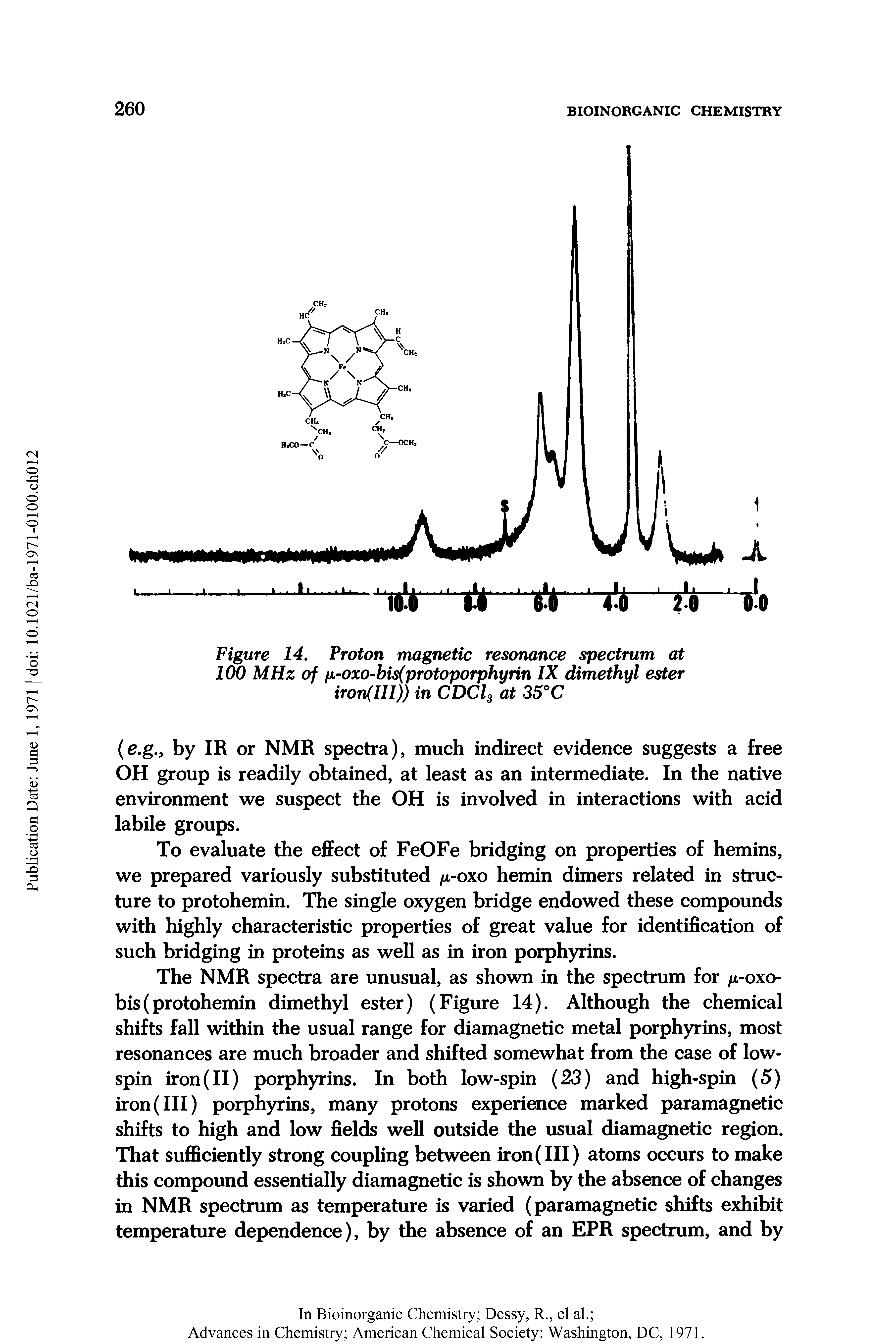 Figure 14, Proton magnetic resonance spectrum at 100 MHz of fx oxo bis(protoporphyrin IX dimethyl ester iron(lIl)) in CDCI3 at 35°C...