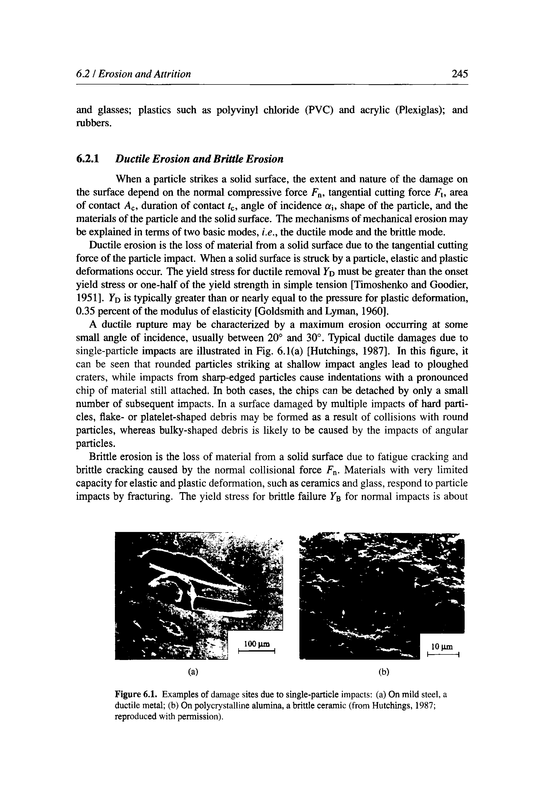 Figure 6.1. Examples of damage sites due to single-particle impacts (a) On mild steel, a ductile metal (b) On polycrystalline alumina, a brittle ceramic (from Hutchings, 1987 reproduced with permission).