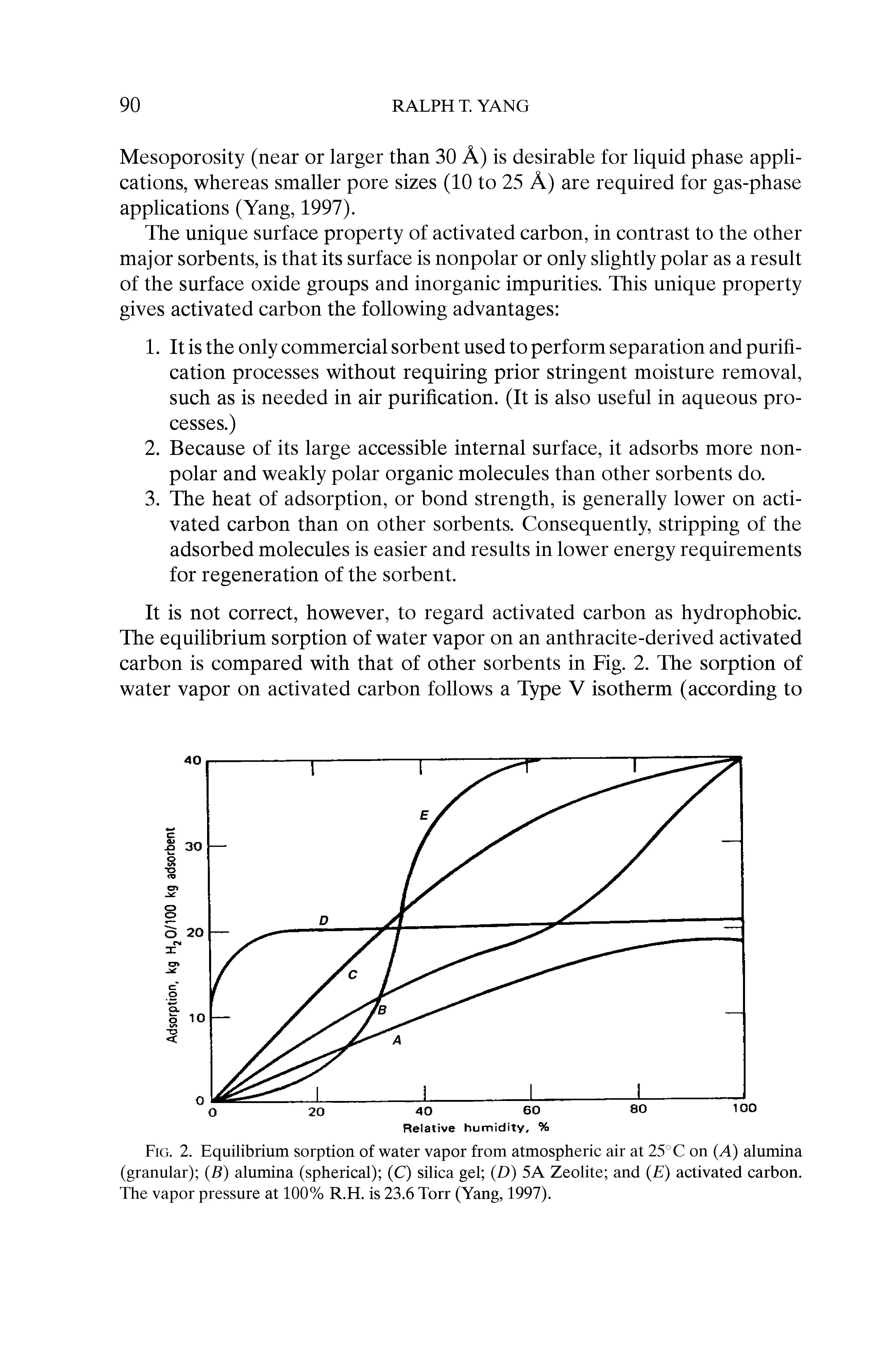 Fig. 2. Equilibrium sorption of water vapor from atmospheric air at 25° C on (A) alumina (granular) (B) alumina (spherical) (C) silica gel (D) 5A Zeolite and (E) activated carbon. The vapor pressure at 100% R.H. is 23.6 Torr (Yang, 1997).