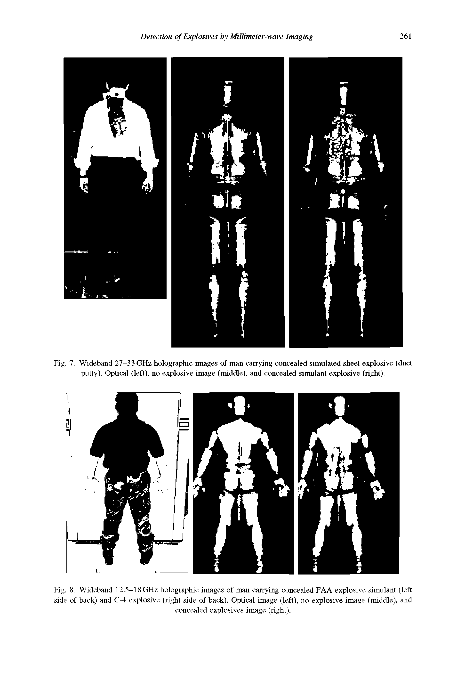 Fig. 7. Wideband 27-33 GHz holographic images of man carrying concealed simulated sheet explosive (duct putty). Optical (left), no explosive image (middle), and concealed simulant explosive (right).