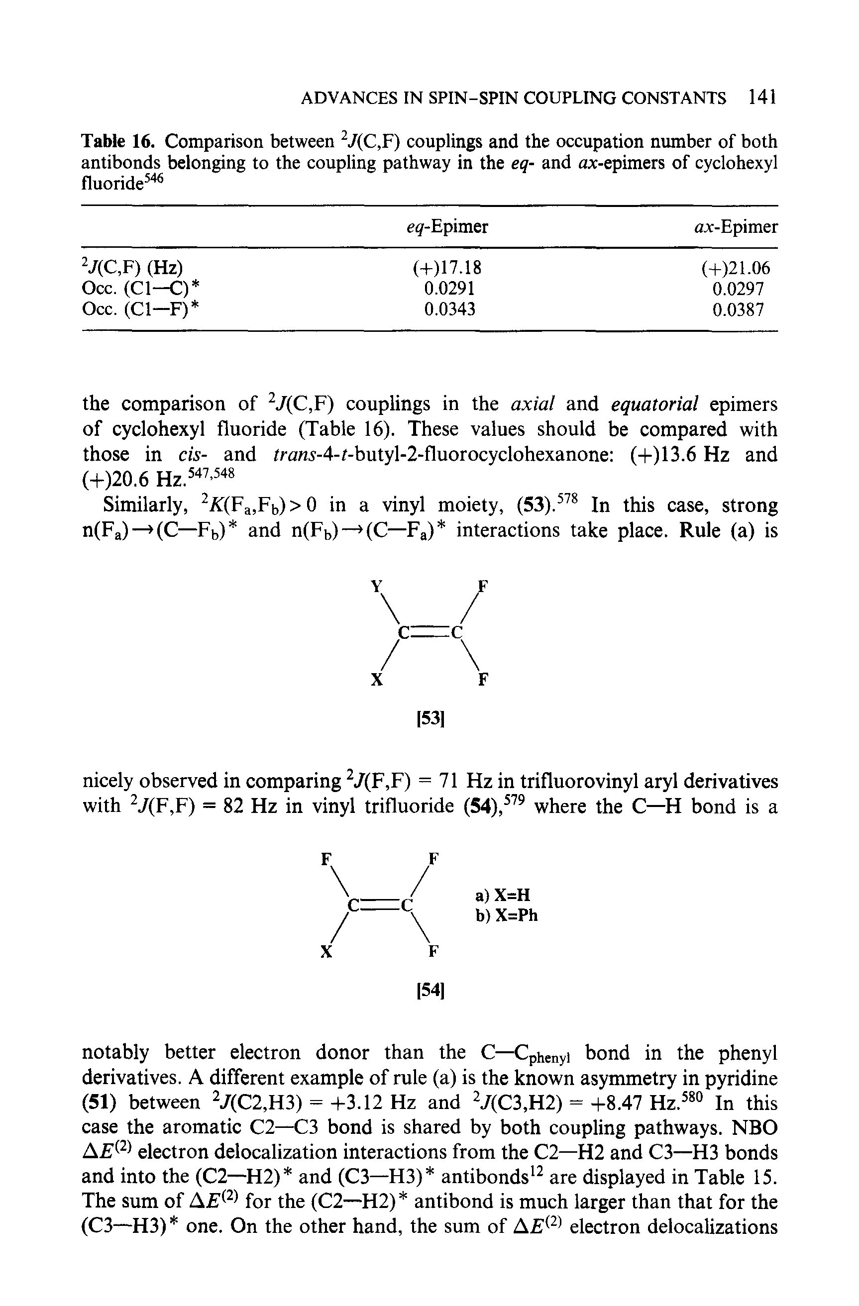 Table 16. Comparison between V(C,F) couplings and the occupation number of both antibonds belonging to the coupling pathway in the eq- and ax-epimers of cyclohexyl fluoride ...