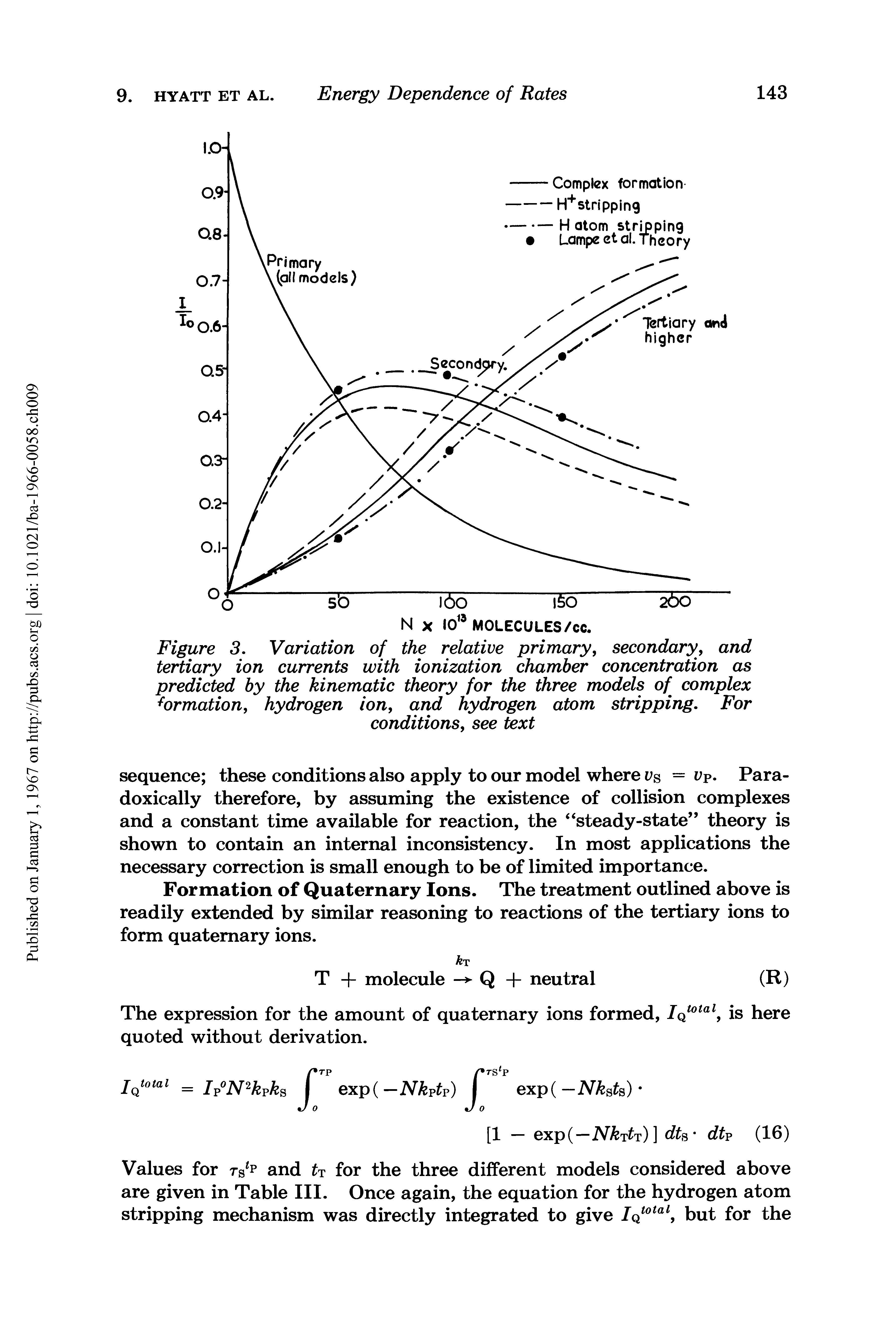 Figure 3. Variation of the relative primary, secondary, and tertiary ion currents with ionization chamber concentration as predicted by the kinematic theory for the three models of complex formation, hydrogen ion, and hydrogen atom stripping. For conditions, see text...