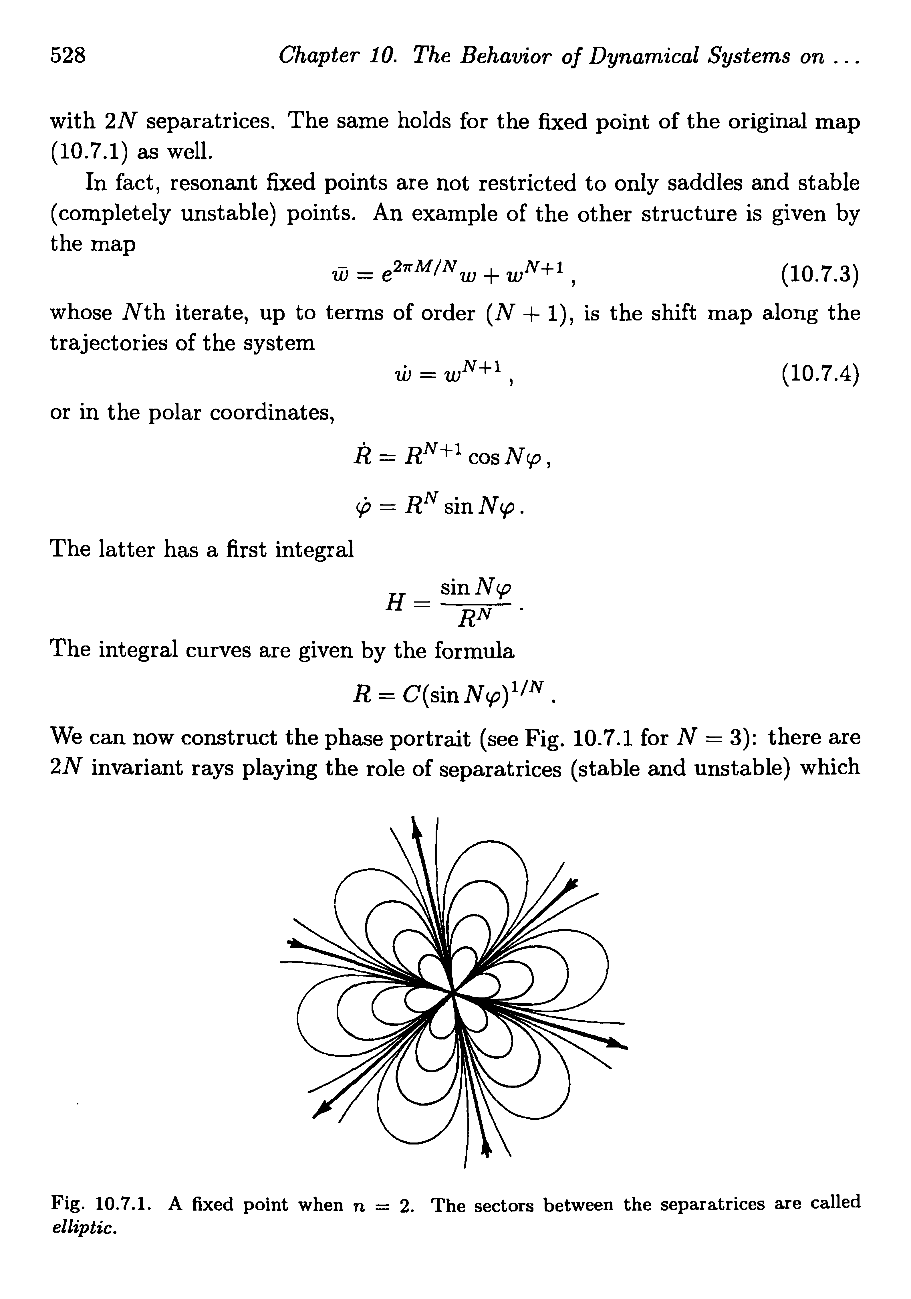 Fig. 10.7.1. A fixed point when 71 = 2. The sectors between the separatrices are called elliptic.