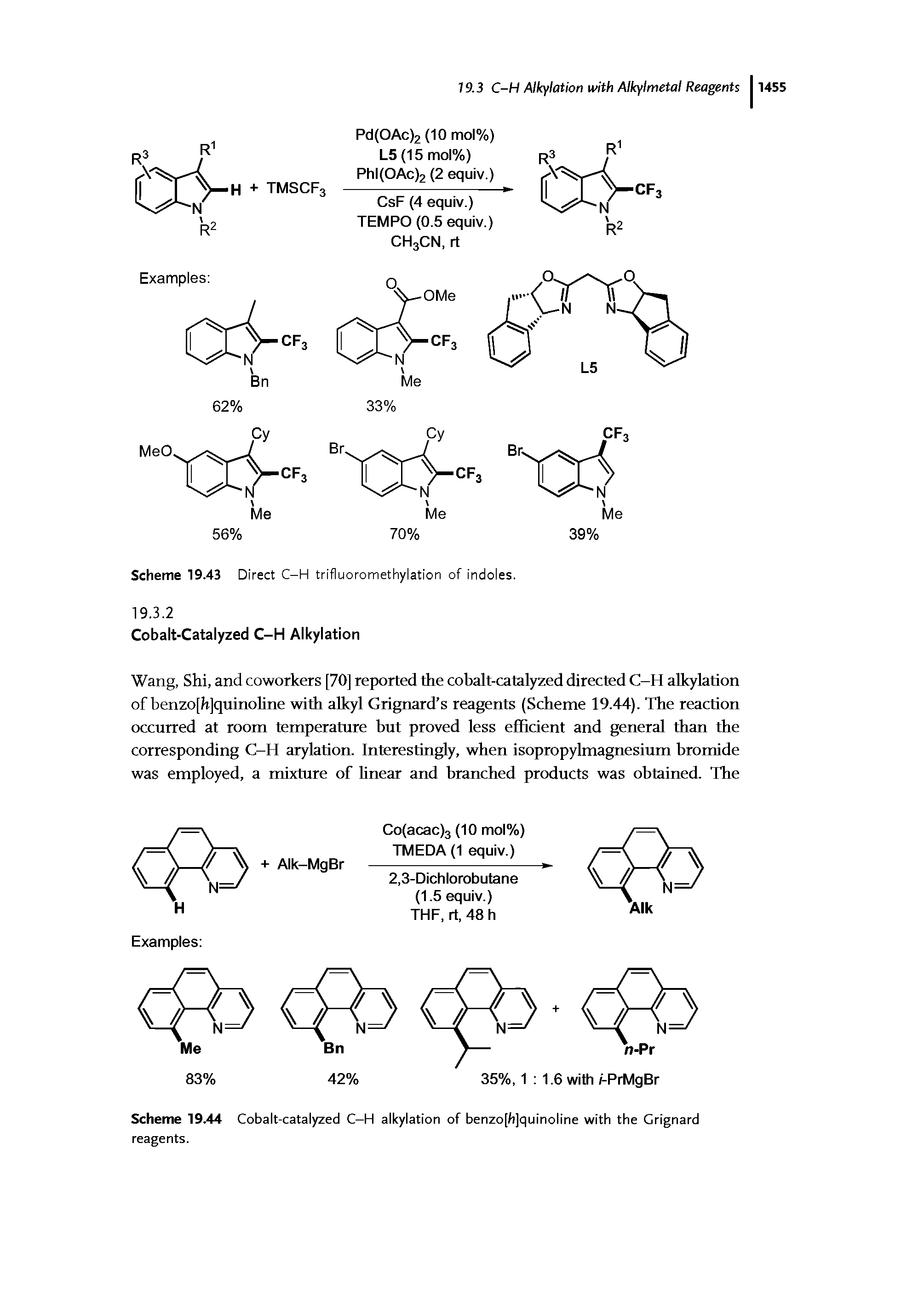 Scheme 19.44 Cobalt-catalyzed C-H alkylation of benzo[h]quinoline with the Grignard reagents.