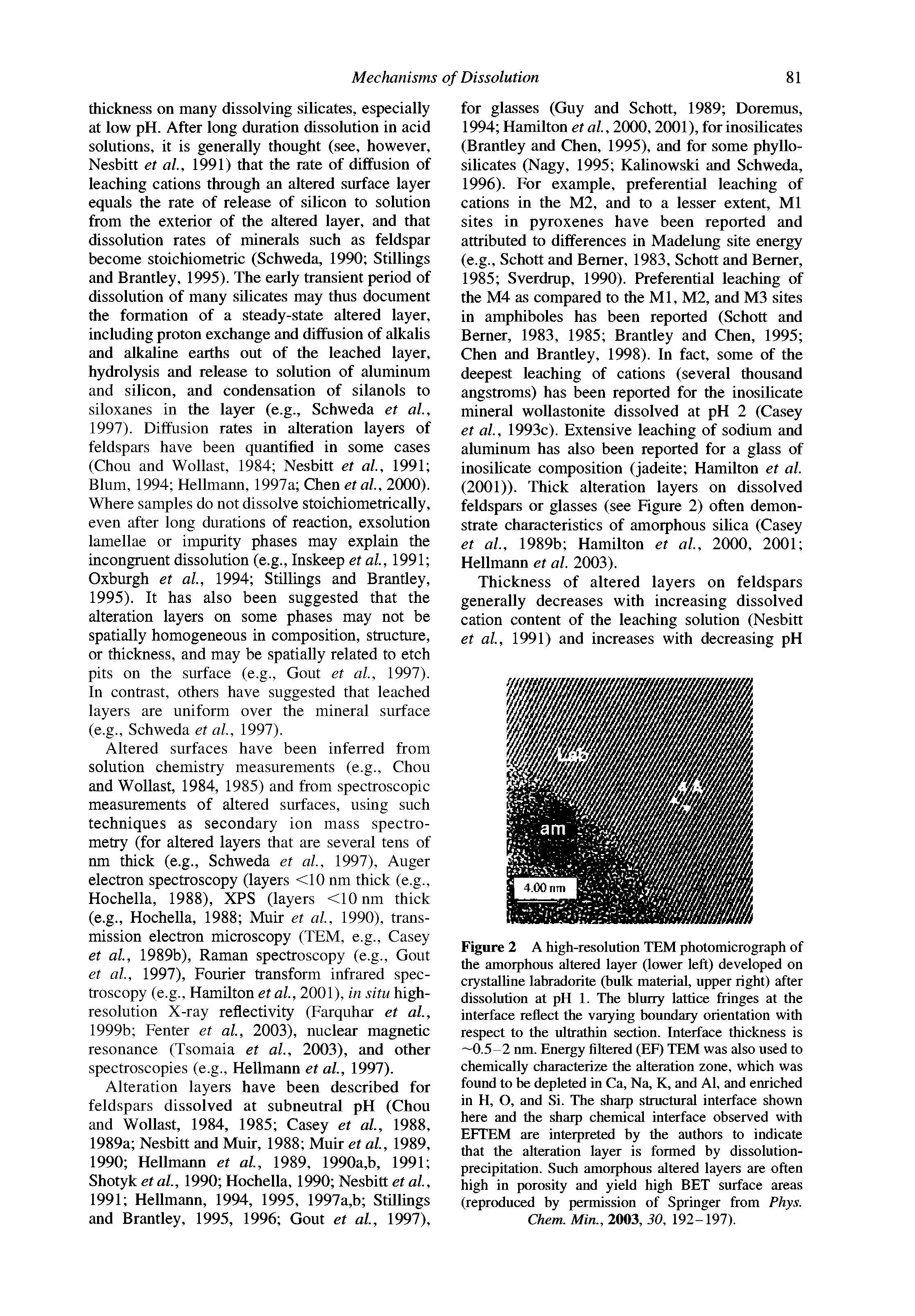 Figure 2 A high-resolution TEM photomicrograph of the amorphous altered layer (lower left) developed on crystalhne lahradorite (hulk material, upper right) after dissolution at pH 1. The hlurry lattice fringes at the interface reflect the varying boundary orientation with respect to the ultrathin section. Interface thickness is 0.5-2 nm. Energy filtered (EE) TEM was also used to chentically characterize the alteration zone, which was found to he depleted in Ca, Na, K, and Al, and enriched in H, O, and Si. The sharp structural interface shown here and the sharp chemical interface observed with EFTEM are interpreted by the authors to indicate that the alteration layer is formed by dissolution-precipitation. Such amorphous altered layers are often high in porosity and yield high BET surface areas (reproduced by permission of Springer from Phys.