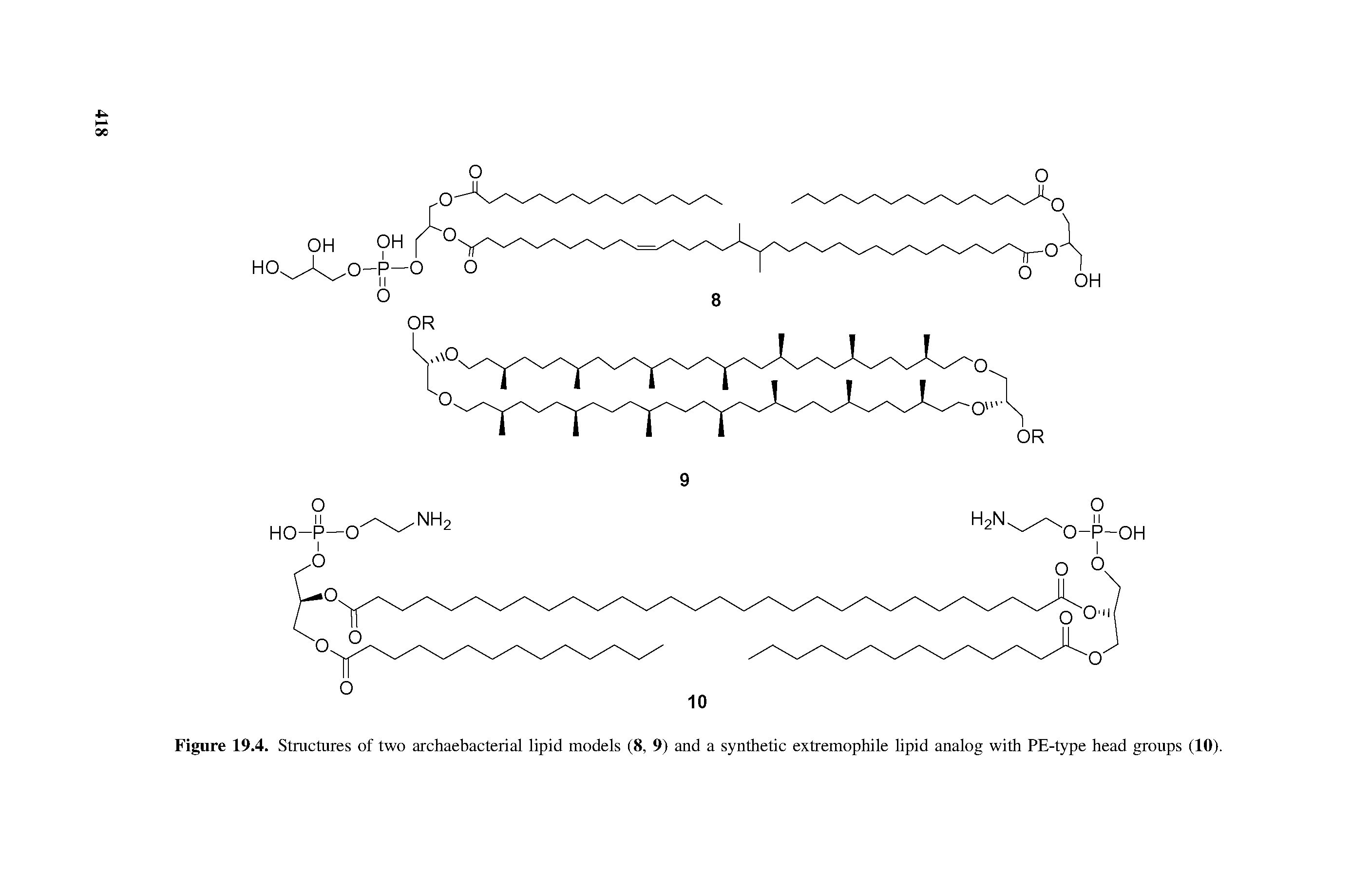 Figure 19.4. Structures of two archaebacterial lipid models (8, 9) and a synthetic extremophile lipid analog with PE-type head groups (10).