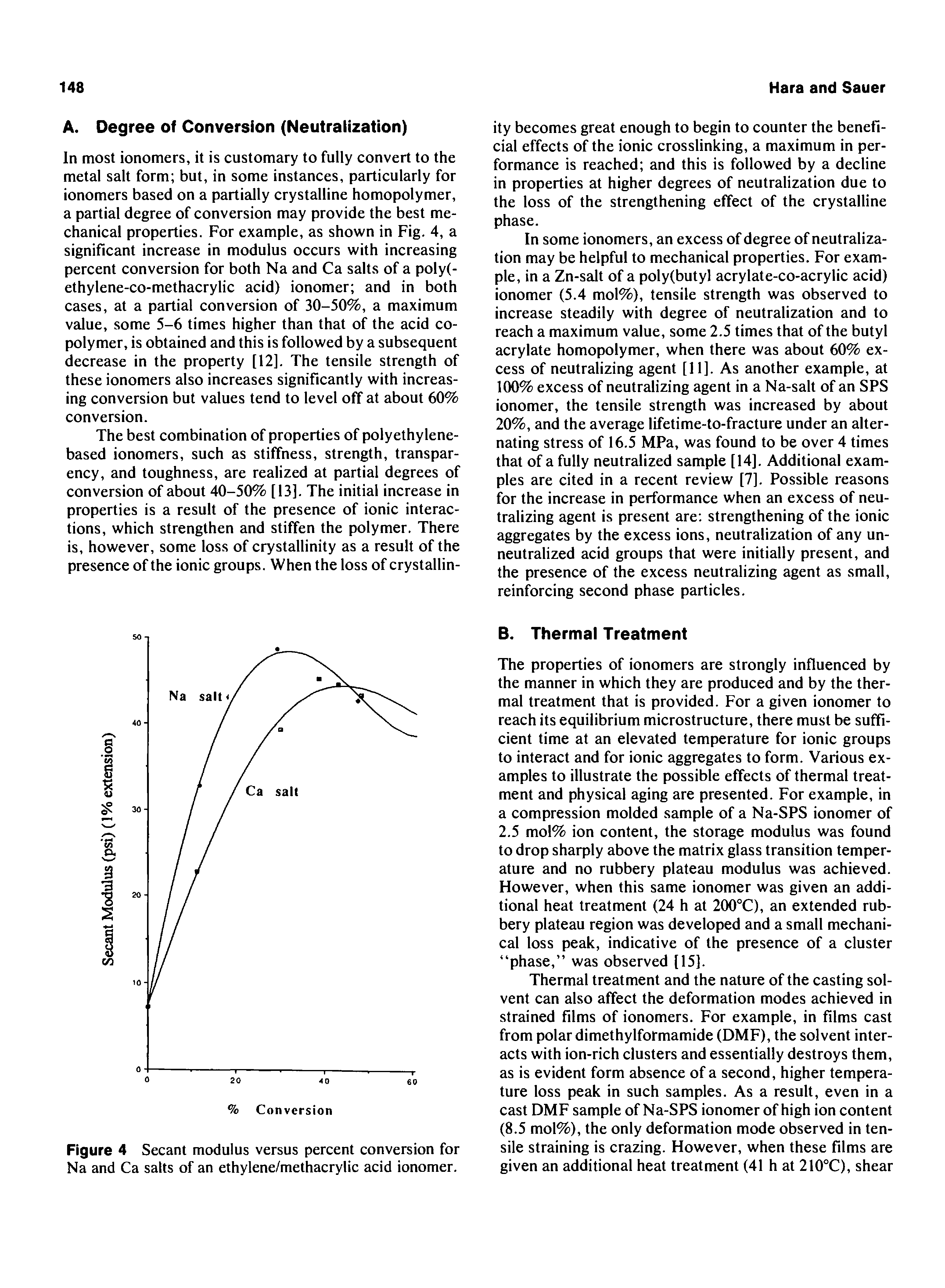 Figure 4 Secant modulus versus percent conversion for Na and Ca salts of an ethylene/methacrylic acid ionomer.