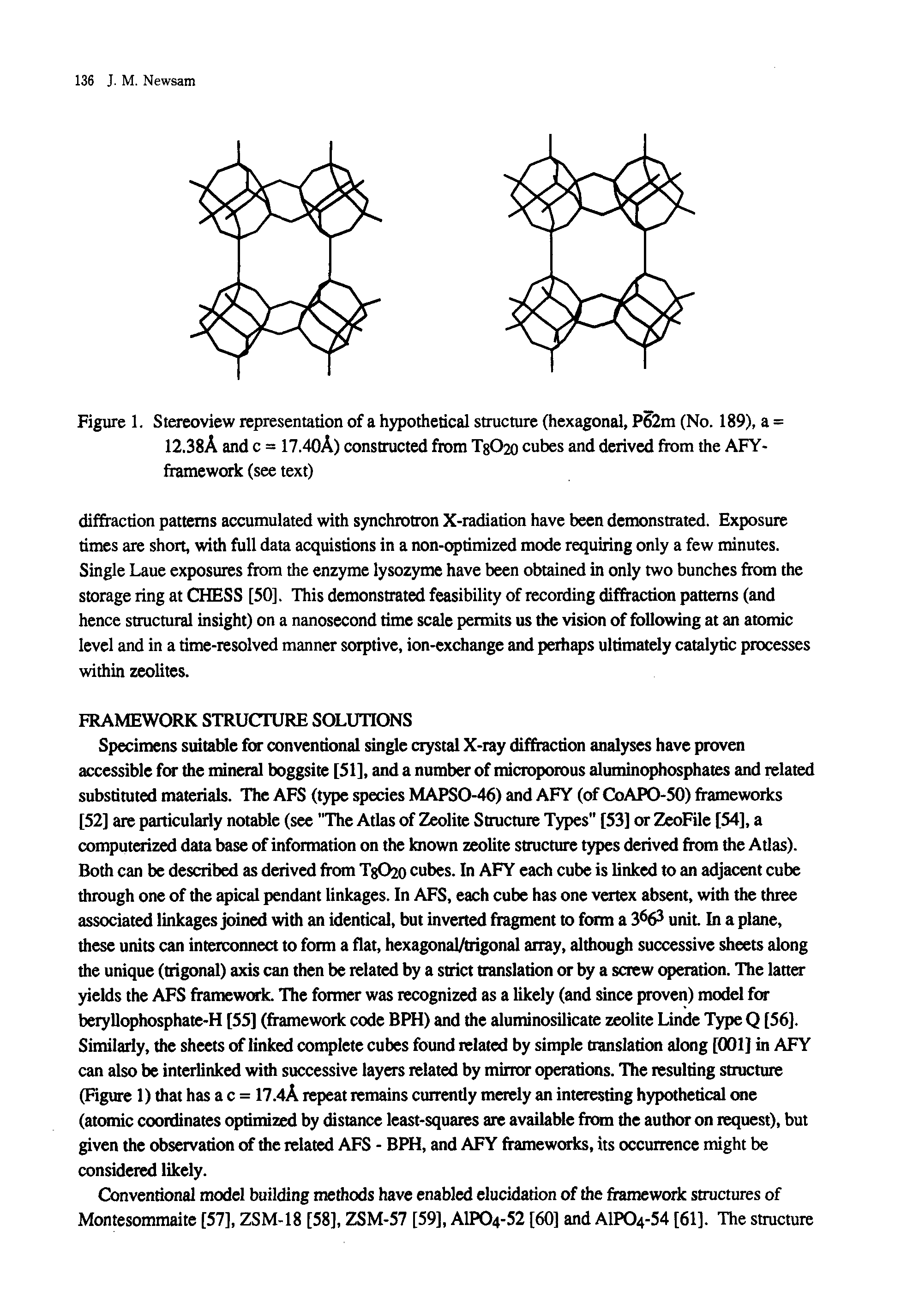 Figure 1. Stereoview representation of a hypothetical structure (hexagonal, P62m (No. 189), a = 12.38A and c = 17.40A) constructed from TgO20 cubes and derived from the AFY-framework (see text)...