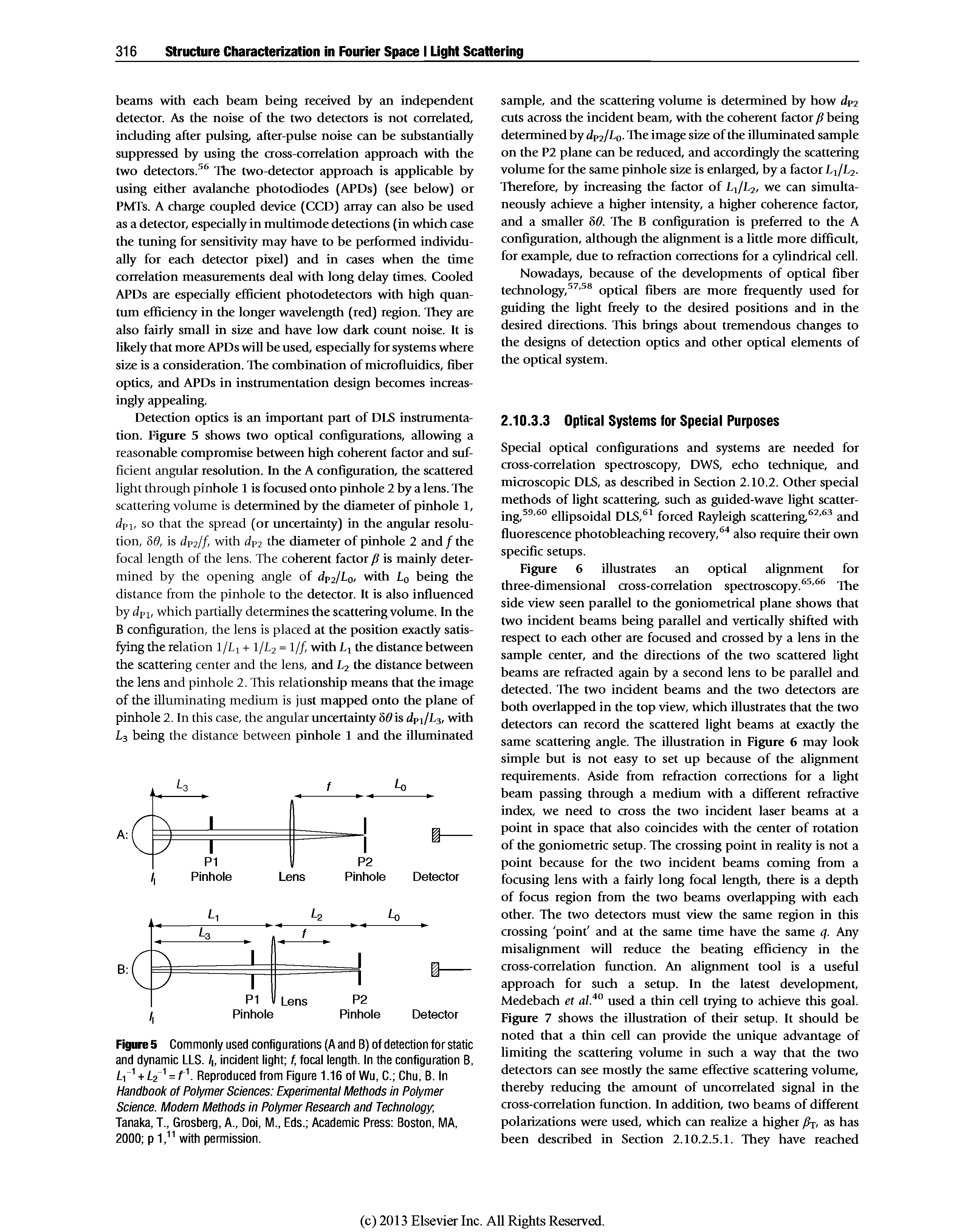 Figure 5 Commonly used configurations (A and B) of detection for static and dynamic LLS. /, incident light f, focal length. In the configuration B, fr +1.2 = f - Reproduced from Figure 1.16 of Wu, C. Chu, B. In Handbook of Polymer Sciences Experimental Methods in Polymer Science. Modem Methods in Polymer Research and Technology,...