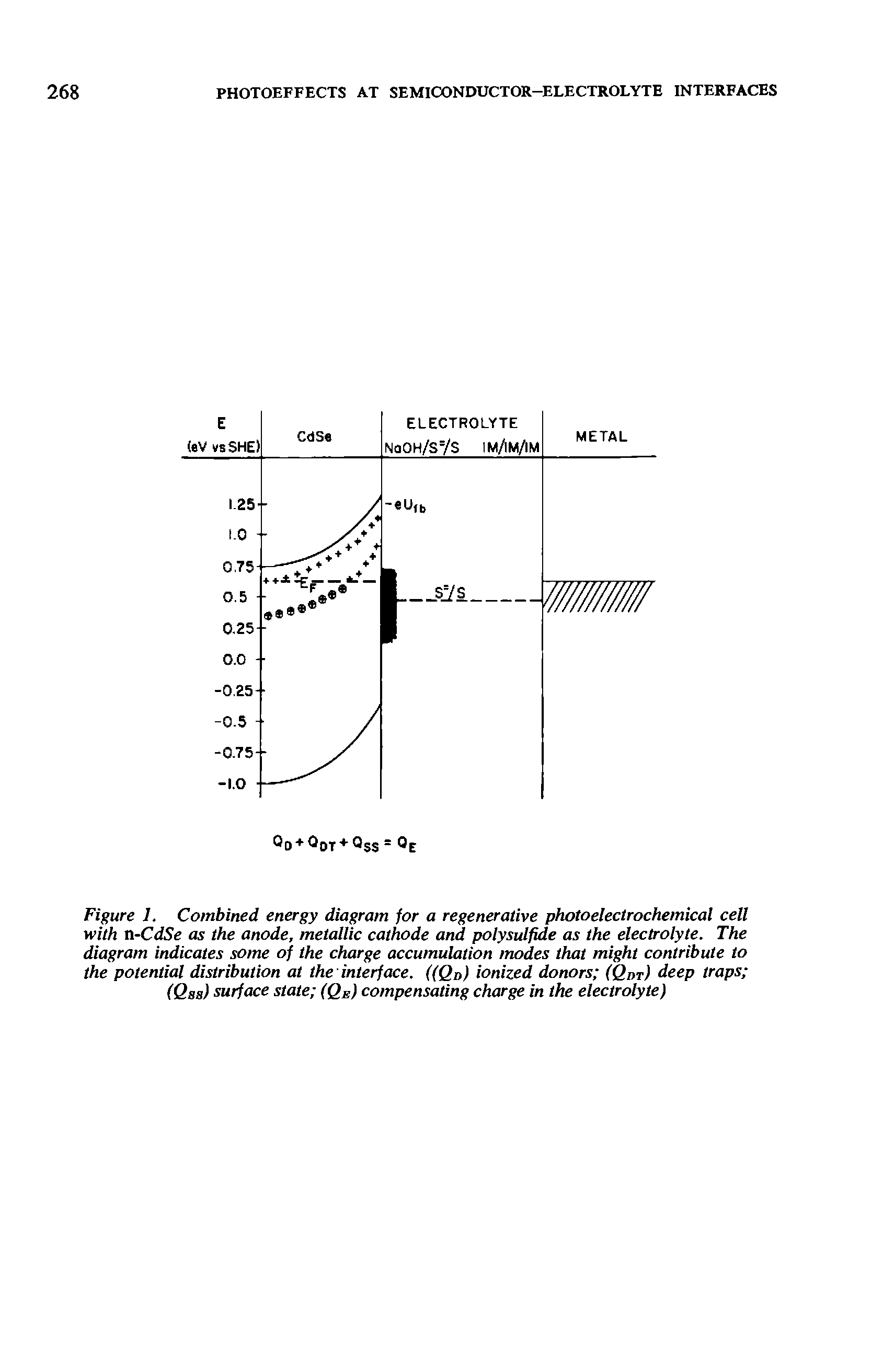 Figure 1. Combined energy diagram for a regenerative photoelectrochemical cell with n-CdSe as the anode, metallic cathode and polysulfide as the electrolyte. The diagram indicates some of the charge accumulation modes that might contribute to the potential distribution at the interface. ((Qn) ionized donors (Qdt) deep traps ...