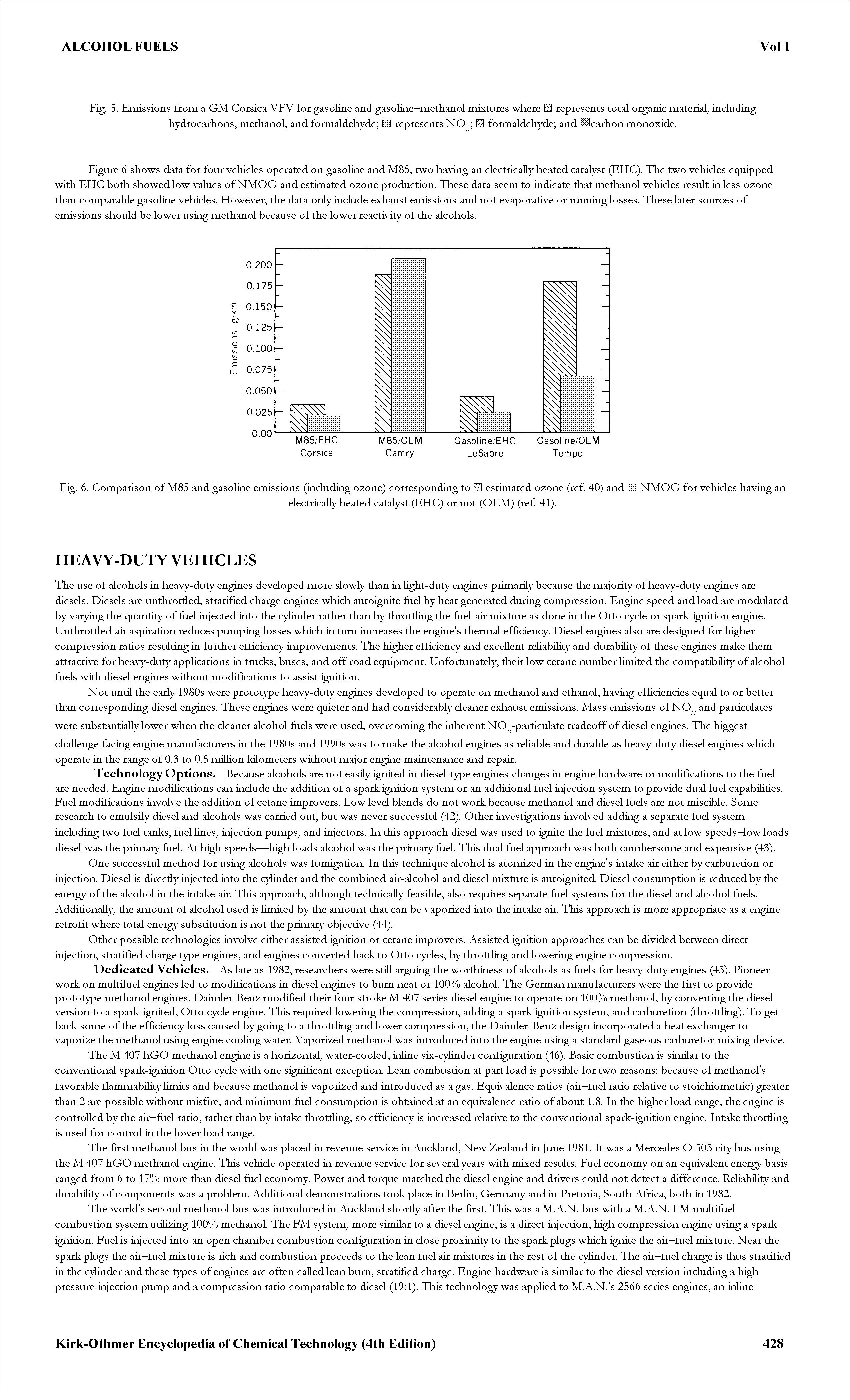 Fig. 5. Emissions from a GM Corsica VFV for gasoline and gasoline—methanol mixtures where represents total organic material, including hydrocarbons, methanol, and formaldehyde U represents NO formaldehyde and Hcarbon monoxide.