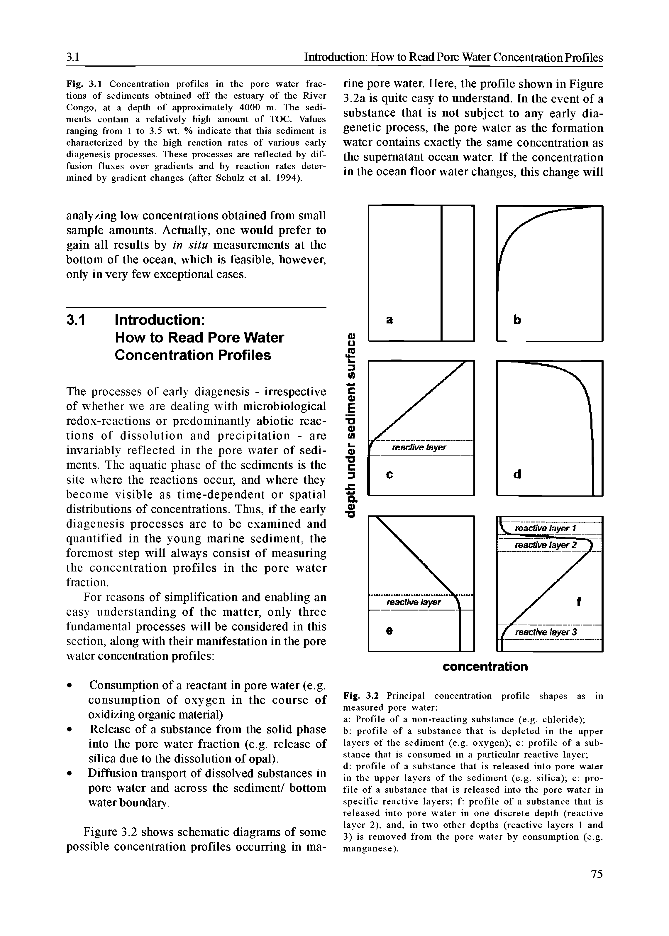 Fig. 3.1 Concentration profiles in the pore water fractions of sediments obtained off the estuary of the River Congo, at a depth of approximately 4000 m. The sediments contain a relatively high amount of TOC. Values ranging from 1 to 3.5 wt. % indicate that this sediment is characterized by the high reaction rates of various early diagenesis processes. These processes are reflected by diffusion fluxes over gradients and by reaction rates determined by gradient changes (after Schulz et al. 1994).