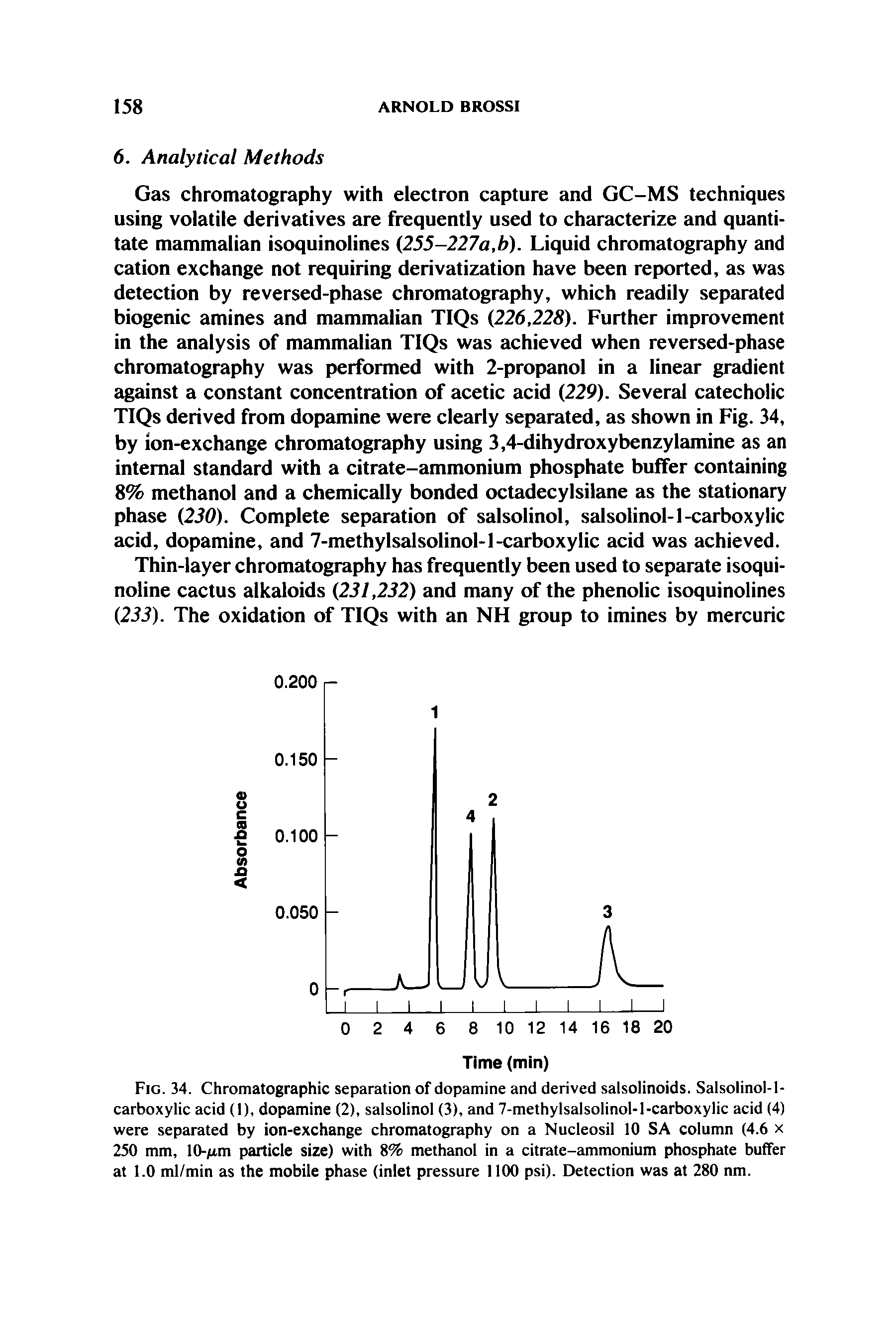 Fig. 34. Chromatographic separation of dopamine and derived salsolinoids. Salsoiinol-1-carboxylic acid (1), dopamine (2), saisolinol (3), and 7-methylsalsolinol-l-carboxylic acid (4) were separated by ion-exchange chromatography on a Nucleosil 10 SA column (4.6 x 250 mm, 10-/Ltm particle size) with 8% methanol in a citrate-ammonium phosphate buffer at I.O ml/min as the mobile phase (inlet pressure 1100 psi). Detection was at 280 nm.