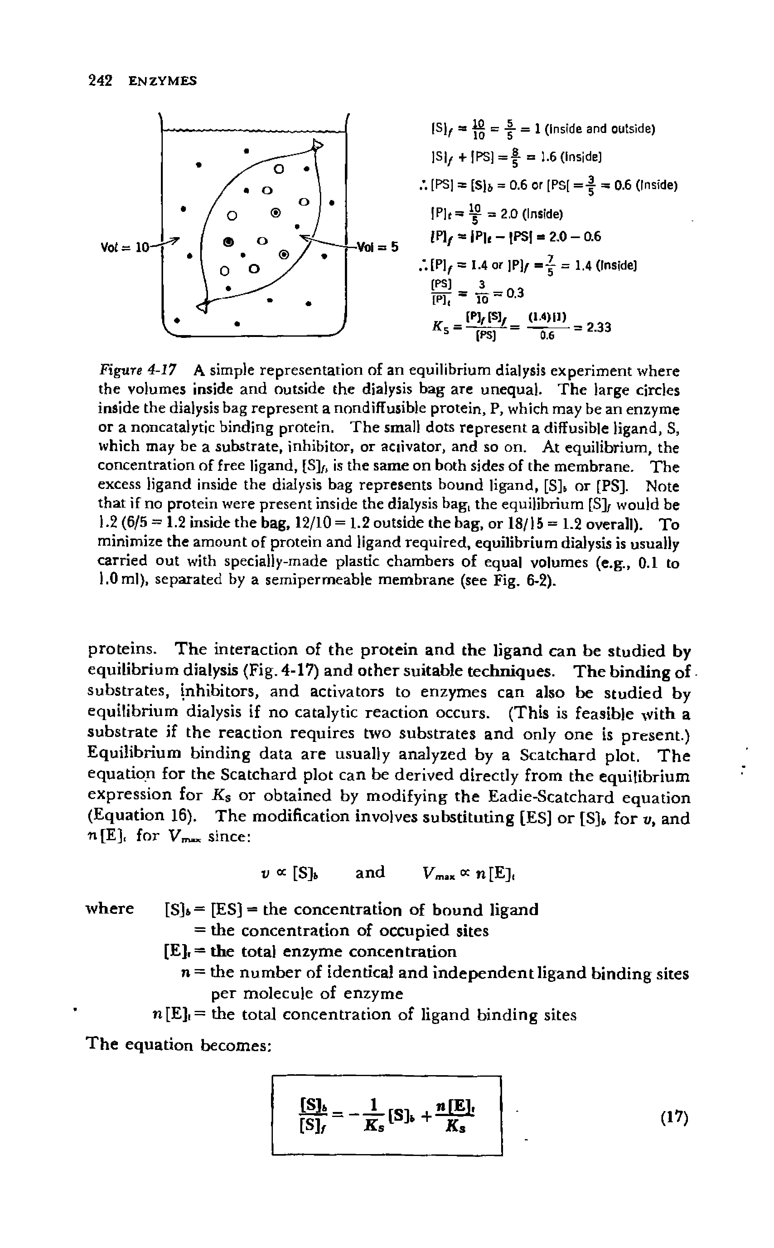 Figure 4-17 A simple representation of an equilibrium dialysis experiment where the volumes inside and outside the dialysis bag are unequal. The large circles inside the dialysis bag represent a nondiffusible protein, P, which may be an enzyme or a noncatalytic binding protein. The small dots represent a diffusible ligand, S, which may be a substrate, inhibitor, or activator, and so on. At equilibrium, the concentration of free ligand, [S]/, is the same on both sides of the membrane. The excess ligand inside the dialysis bag represents bound ligand, [S]t or [PS]. Note that if no protein were present inside the dialysis bagi the equilibrium [S] would be 1.2 (6/5 = 1.2 inside the bag. 12/10 =1.2 outside the bag, or 18/15= 1.2 overall). To minimize the amount of protein and ligand required, equilibrium dialysis is usually carried out with specially-made plastic chambers of equal volumes (e.g., 0.1 to 1.0 ml), separated by a semipermeable membrane (see Fig. 6-2).