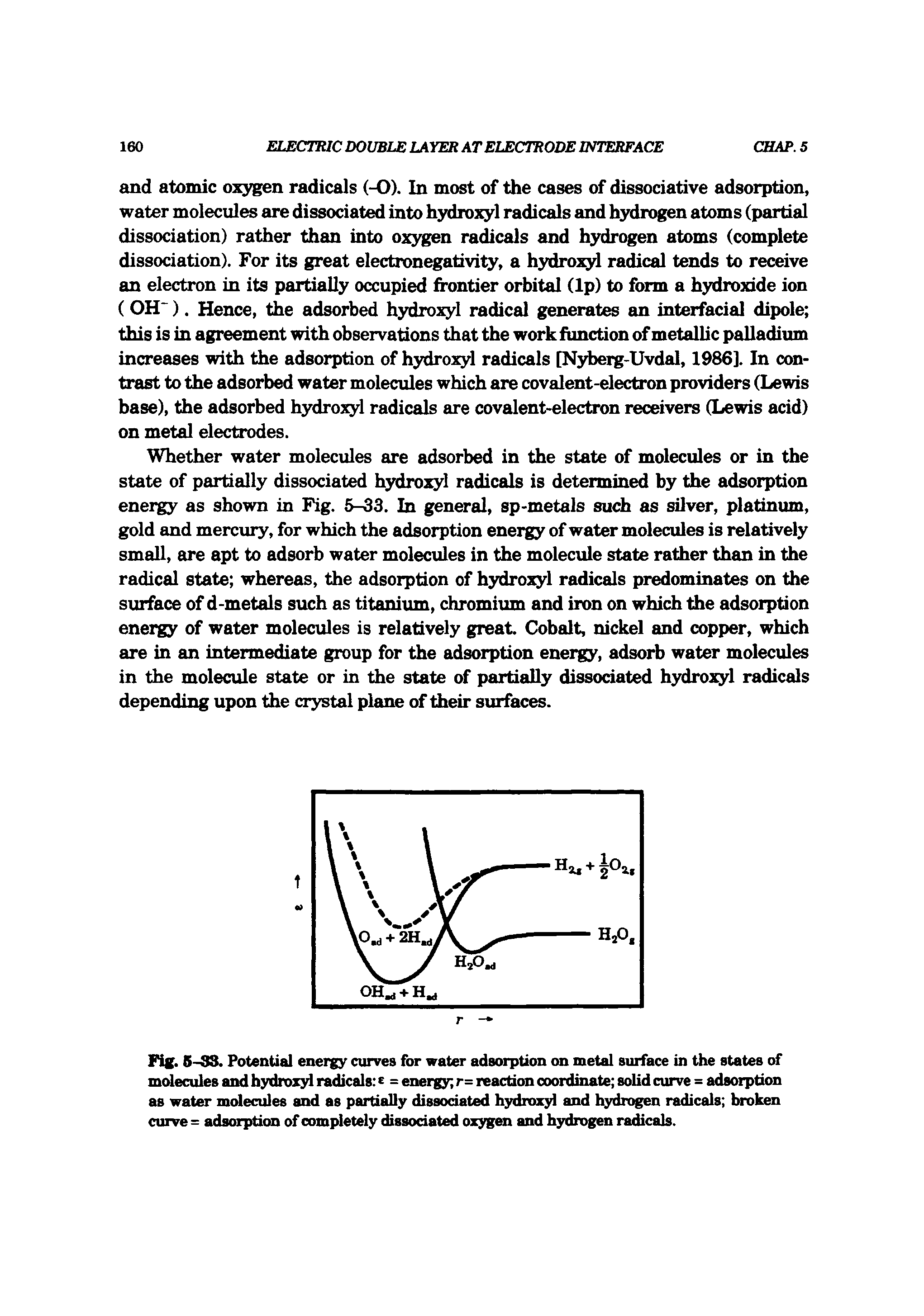 Fig. 6-3S. Potential energy curves for water adsorption on metal surface in the states of molecules and hydrozjd radicals c = energy r = reaction coordinate solid curve = adsorption as water molecules and as partially dissociated hydroxj4 and hydrogen radicals broken curve = adsorption of completely dissociated oxygen and hydrogen radicals.