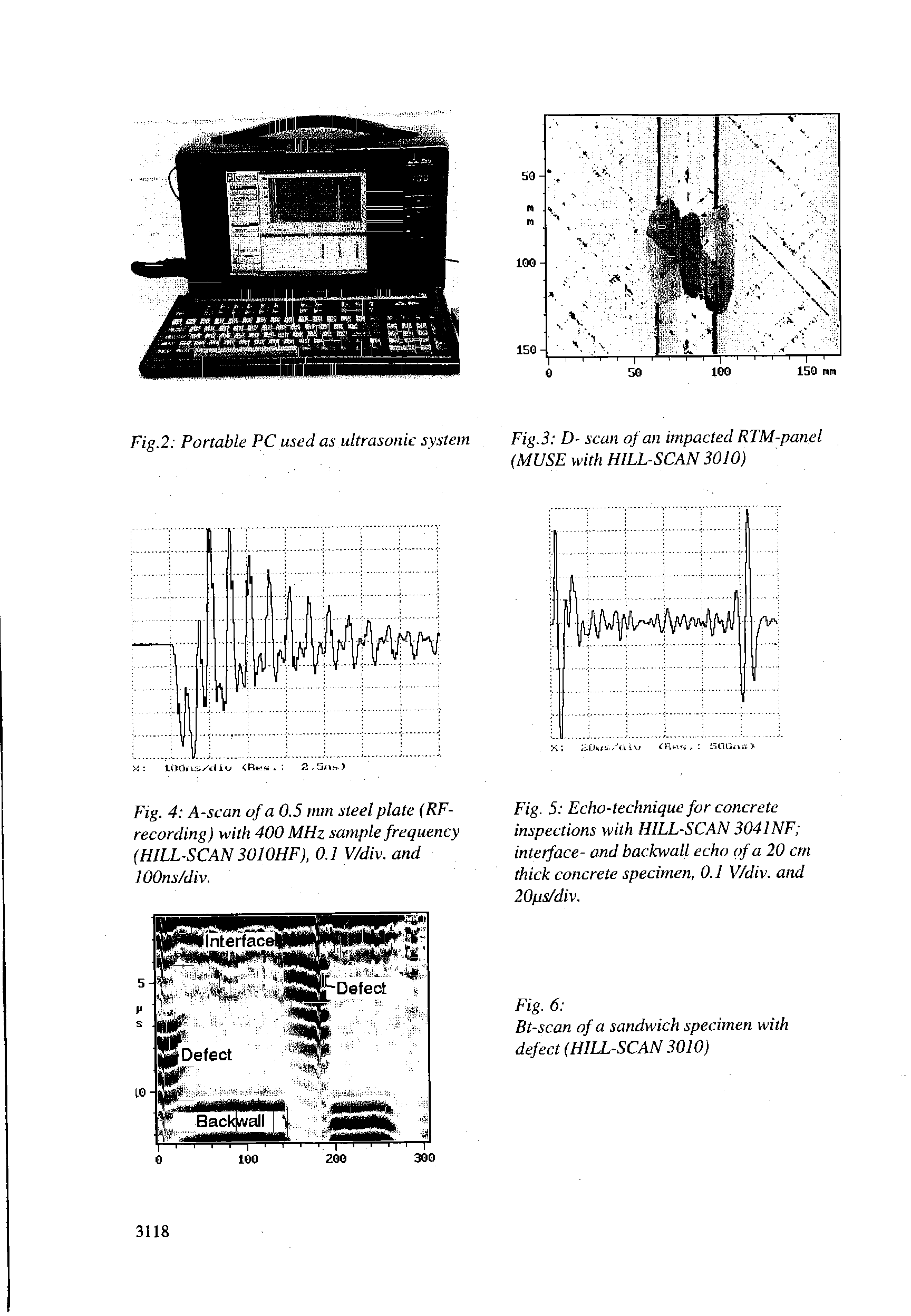 Fig. 4 A-scan of a 0.5 mm steel plate (RF-recording) with 400 MHz sample frequency (HILL-SCAN 3010HF), 0.1 V/div. and lOOns/div.