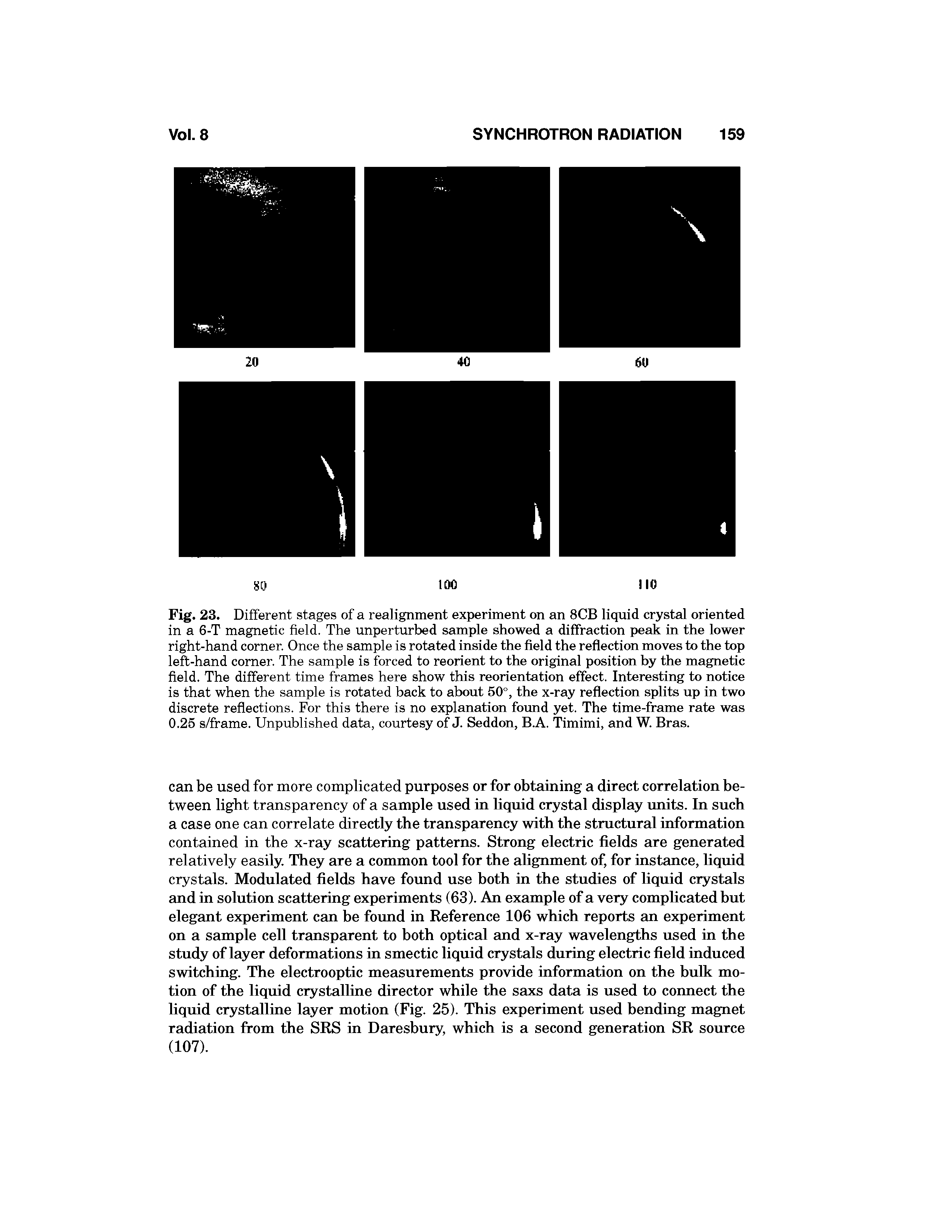 Fig. 23. Different stages of a realignment experiment on an 8CB liquid crystal oriented in a 6-T magnetic field. The unperturbed sample showed a diffraction peak in the lower right-hand corner. Once the sample is rotated inside the field the reflection moves to the top left-hand corner. The sample is forced to reorient to the original position by the magnetic field. The different time frames here show this reorientation effect. Interesting to notice is that when the sample is rotated back to about 50°, the x-ray reflection splits up in two discrete reflections. For this there is no explanation found yet. The time-frame rate was 0.25 s/frame. Unpublished data, courtesy of J. Seddon, B.A. Timimi, and W. Bras.