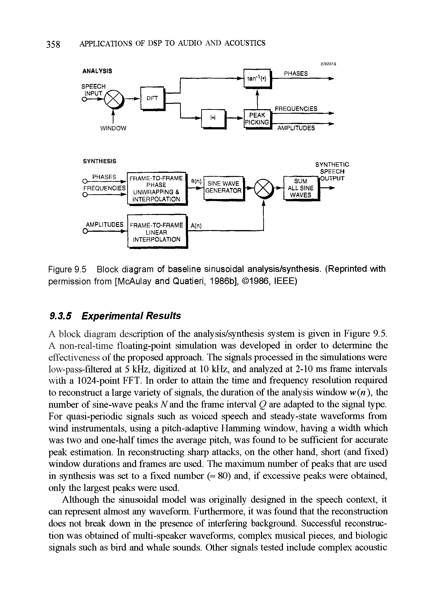 Figure 9.5 Block diagram of baseline sinusoidal analysis/synthesis. (Reprinted with permission from [McAulay and Quatieri, 1986b], 1986, IEEE)...