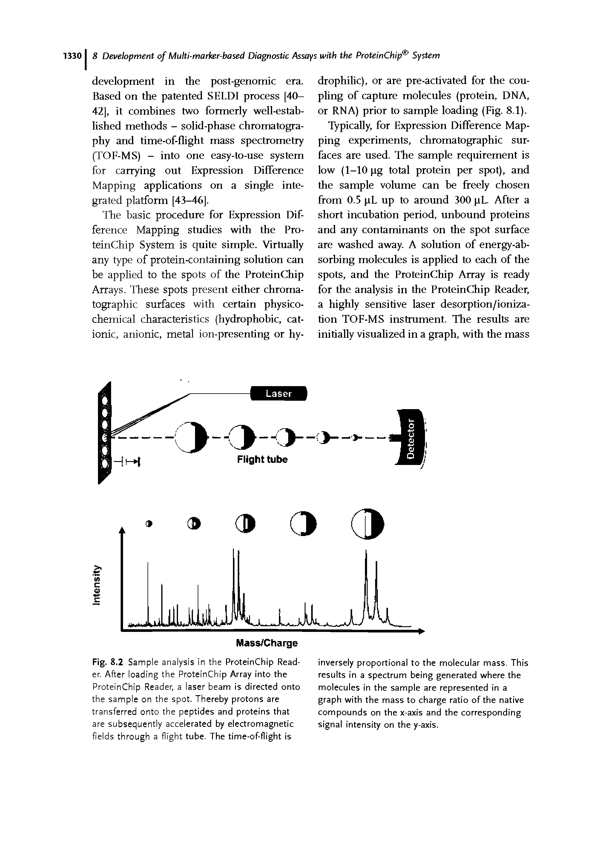Fig. 8.2 Sample analysis in the ProteinChip Reader. After loading the ProteinChip Array into the ProteinChip Reader, a laser beam is directed onto the sample on the spot. Thereby protons are transferred onto the peptides and proteins that are subsequently accelerated by electromagnetic fields through a flight tube. The time-of-flight is...