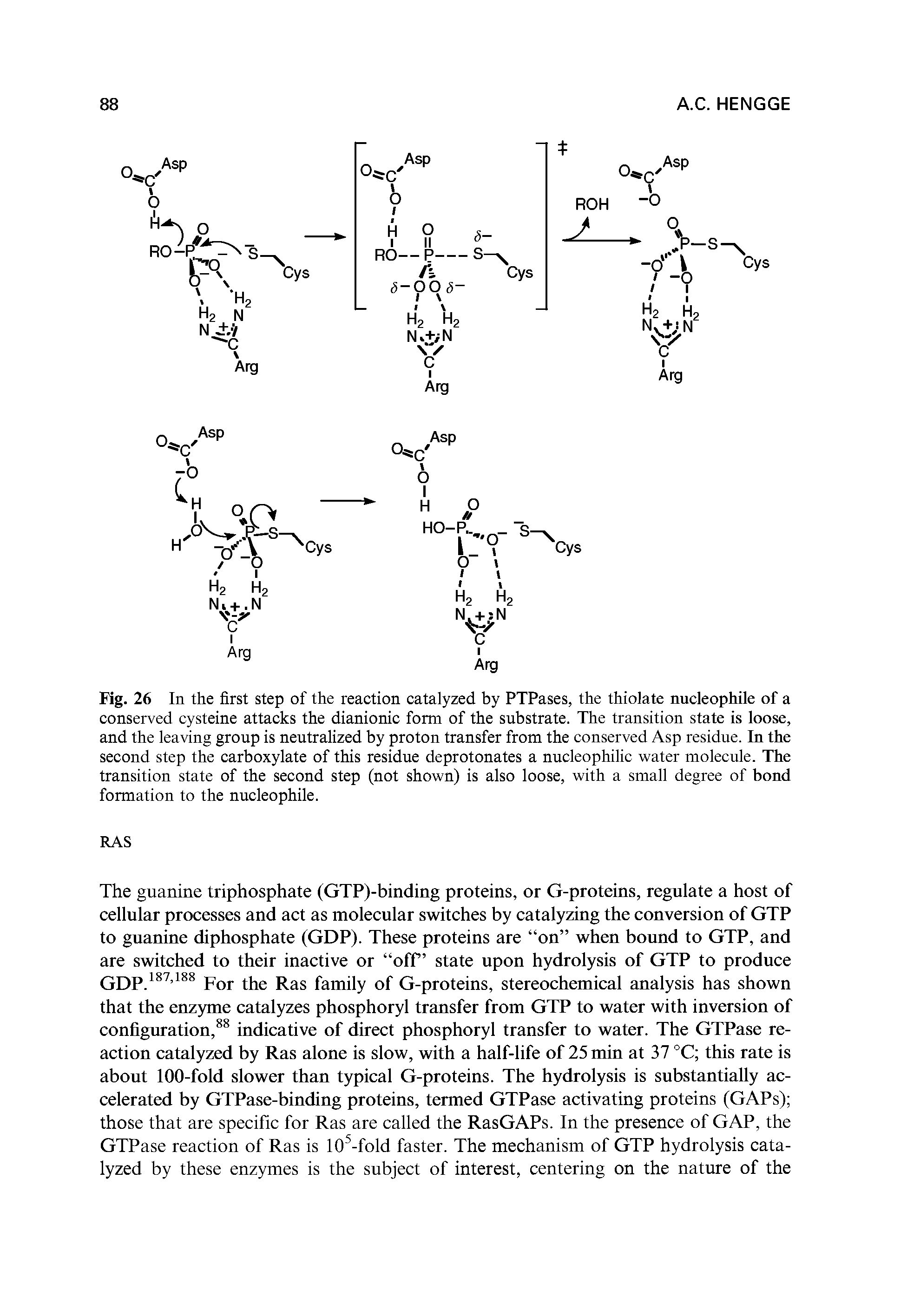 Fig. 26 In the first step of the reaction catalyzed by PTPases, the thiolate nucleophile of a conserved cysteine attacks the dianionic form of the substrate. The transition state is loose, and the leaving group is neutralized by proton transfer from the conserved Asp residue. In the second step the carboxylate of this residue deprotonates a nucleophilic water molecule. The transition state of the second step (not shown) is also loose, with a small degree of bond formation to the nucleophile.