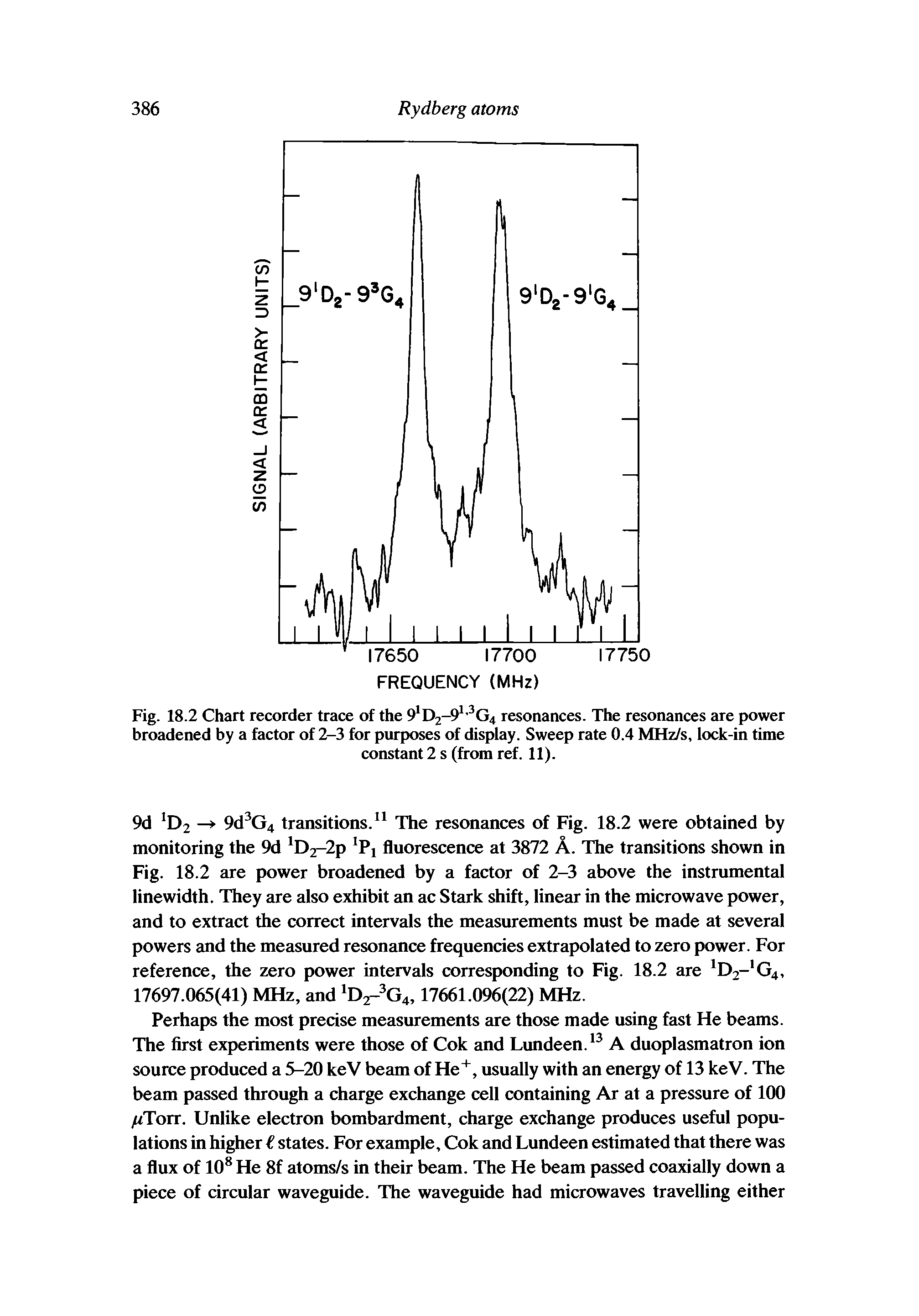 Fig. 18.2 Chart recorder trace of the 91D2-91,3G4 resonances. The resonances are power broadened by a factor of 2-3 for purposes of display. Sweep rate 0.4 MHz/s, lock-in time...