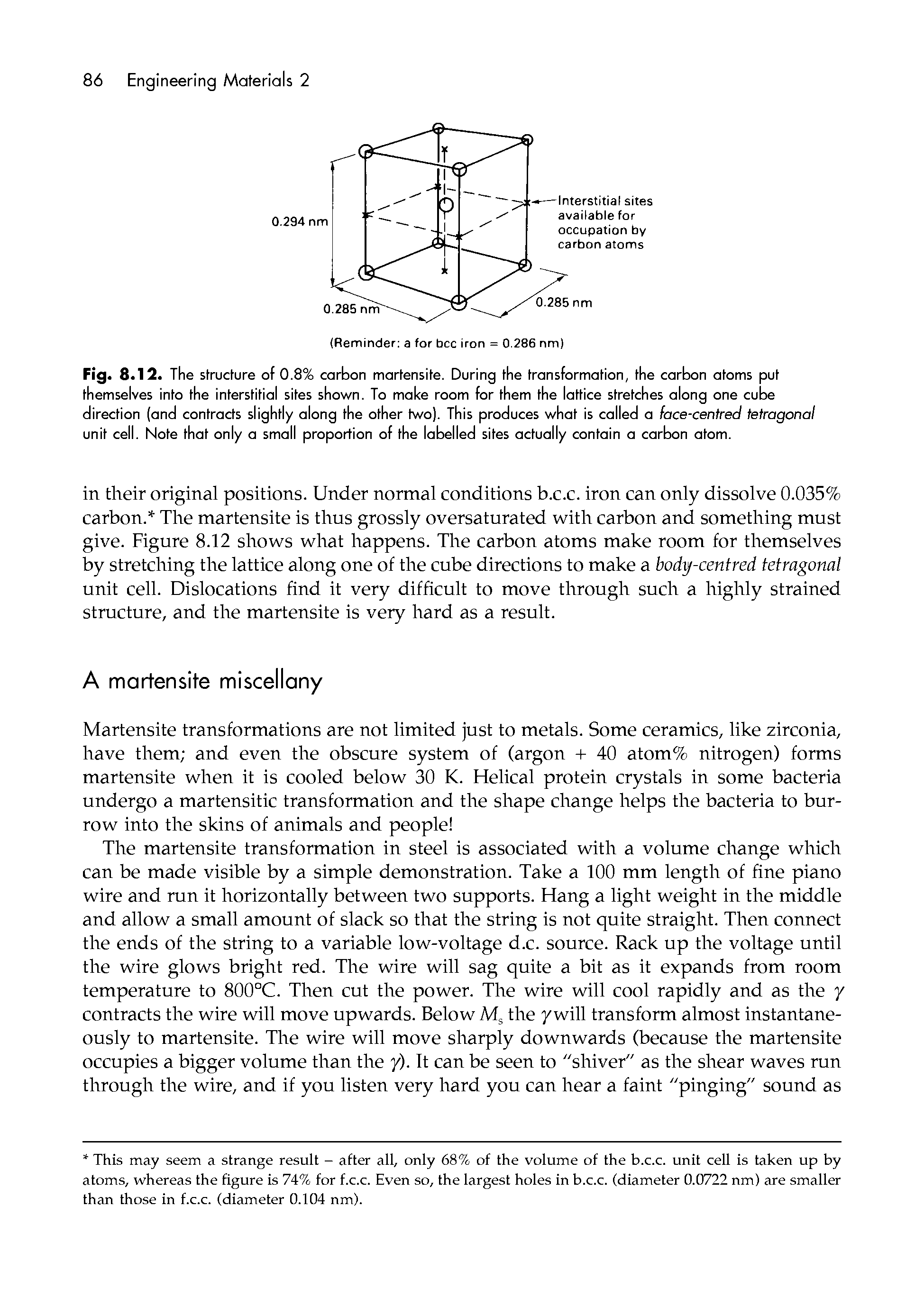 Fig. 8.12. The structure of 0.8% carbon martensite. During the transformation, the carbon atoms put themselves into the interstitial sites shown. To moke room for them the lattice stretches along one cube direction (and contracts slightly along the other two). This produces what is called a face-centred tetragonal unit cell. Note that only a small proportion of the labelled sites actually contain a carbon atom.