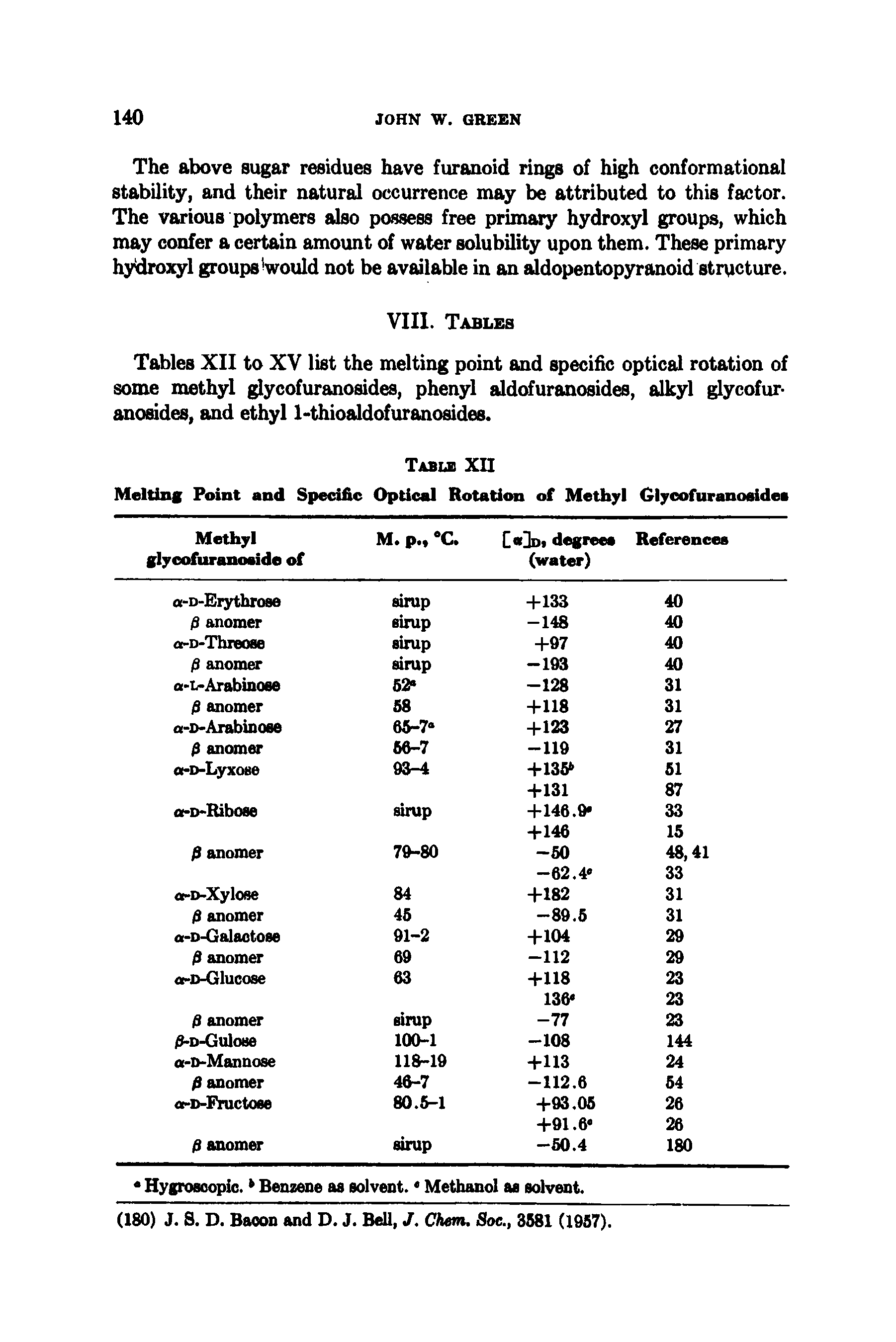 Tables XII to XV list the melting point and specific optical rotation of some methyl glycofuranosides, phenyl aldofuranosides, alkyl glycofur-anosides, and ethyl l-thioaldofuranosides.