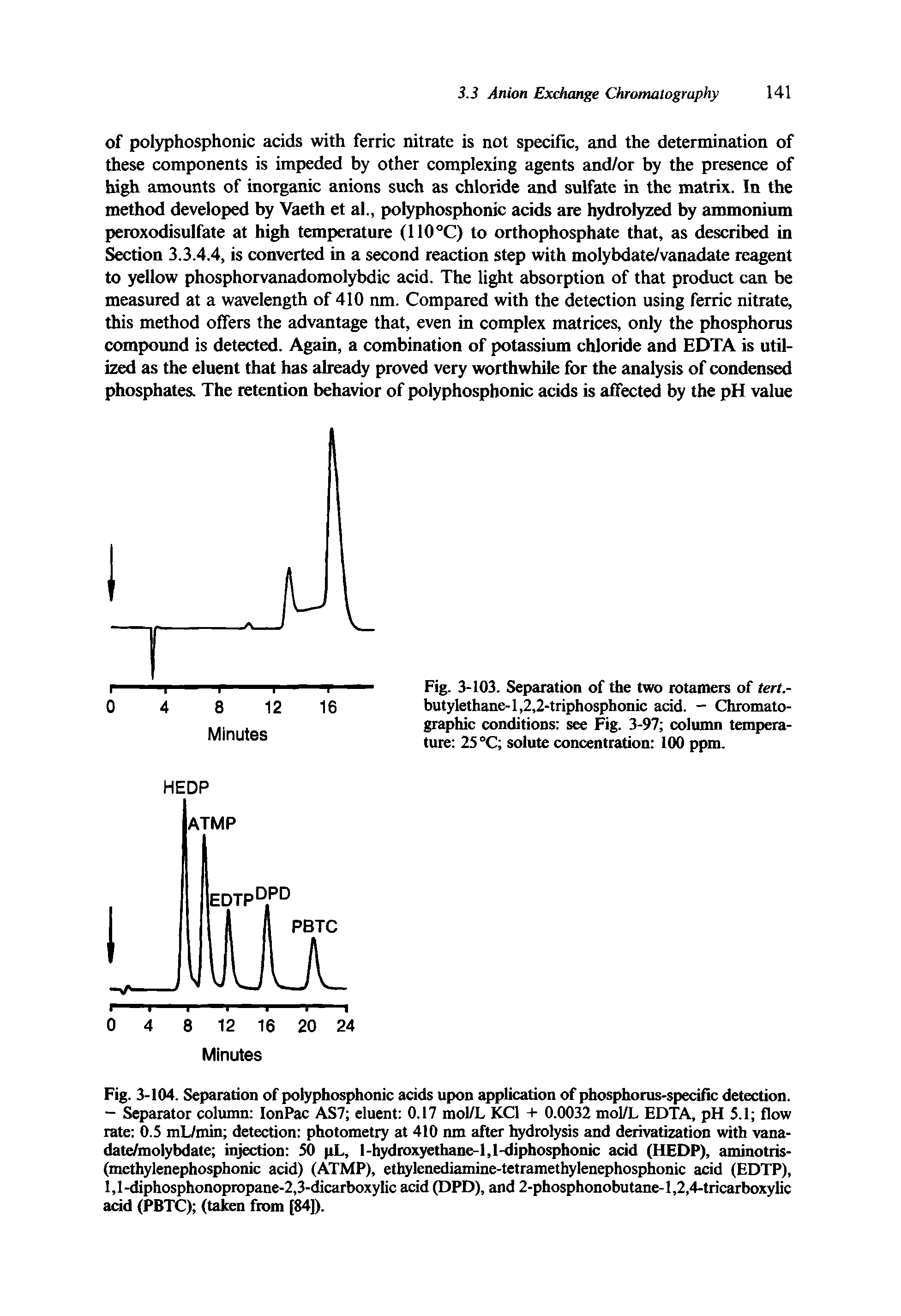 Fig. 3-104. Separation of polyphosphonic acids upon application of phosphorus-specific detection. - Separator column IonPac AS7 eluent 0.17 mol/L KC1 + 0.0032 mol/L EDTA, pH 5.1 flow rate 0.5 mL/min detection photometry at 410 nm after hydrolysis and derivatization with vana-date/molybdate injection 50 pL, l-hydroxyethane-l,l-diphosphonic acid (HEDP), aminotris-(methylenephosphonic acid) (ATMP), ethylenediamine-tetramethylenephosphonic acid (EDTP), l,l-diphosphonopropane-2,3-dicarboxylic acid (DPD), and 2-phosphonobutane-l,2,4-tricarboxylic add (PBTC) (taken from [84]).
