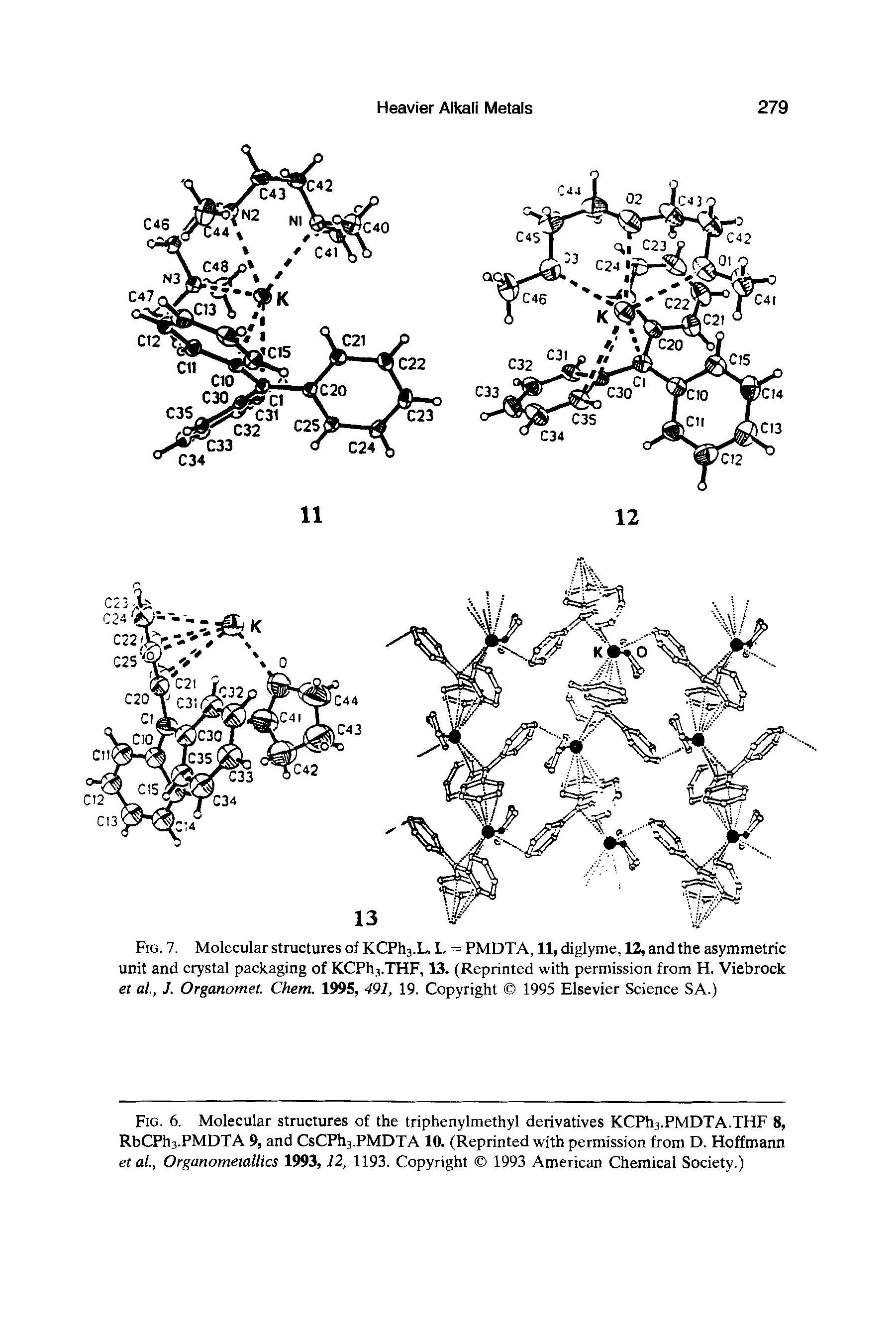 Fig. 7. Molecular structures of KCPh3.L. L = PMDTA, 11, diglyme, 12, and the asymmetric unit and crystal packaging of KCPh,.THF, 13. (Reprinted with permission from H. Viebrock ef al., J. Organomet. Chem. 1995, 491, 19. Copyright 1995 Elsevier Science SA.)...