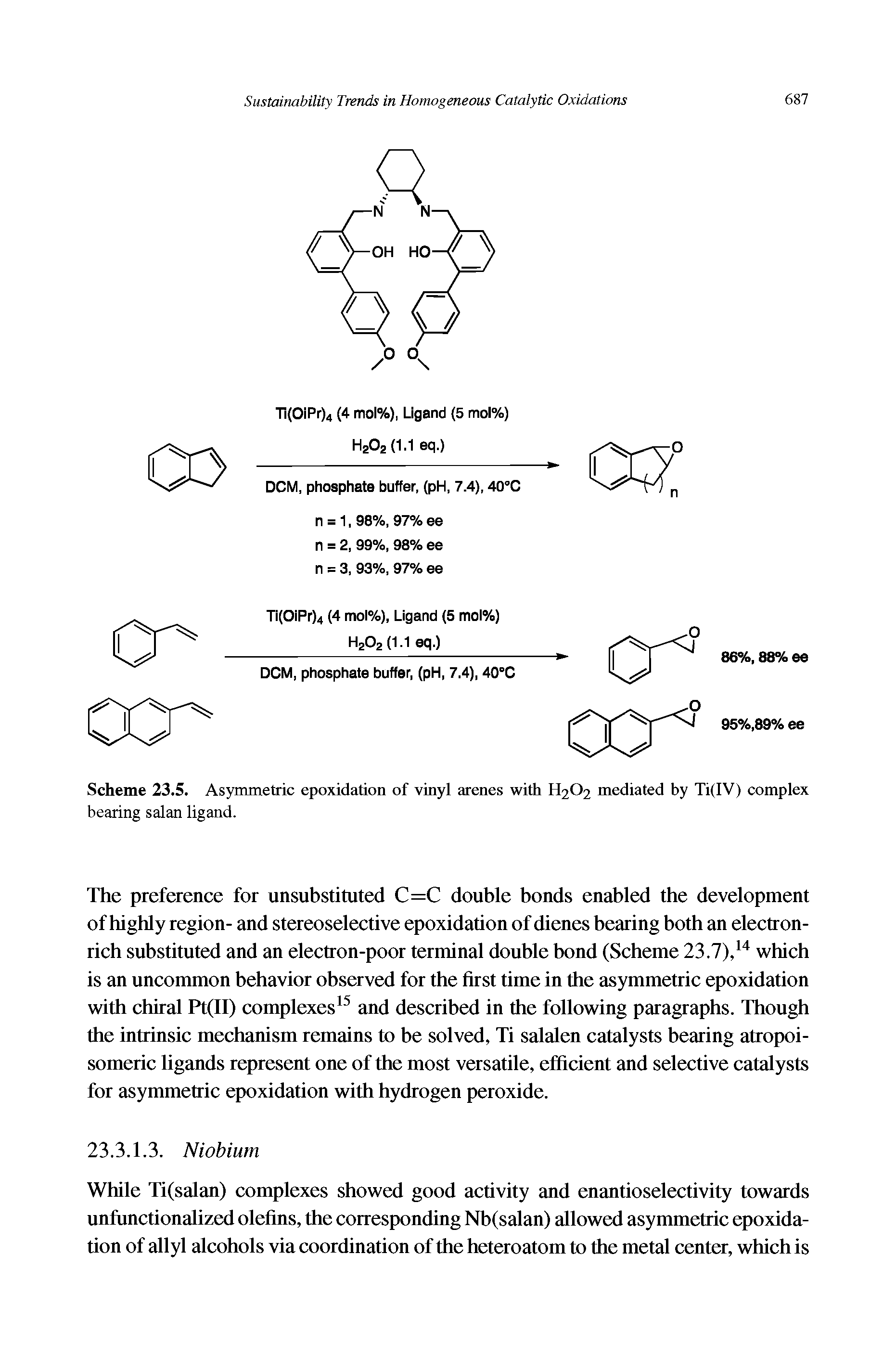 Scheme 23.5. Asymmetric epoxidation of vinyl arenes with H2O2 mediated by Ti(IV) complex bearing salan ligand.