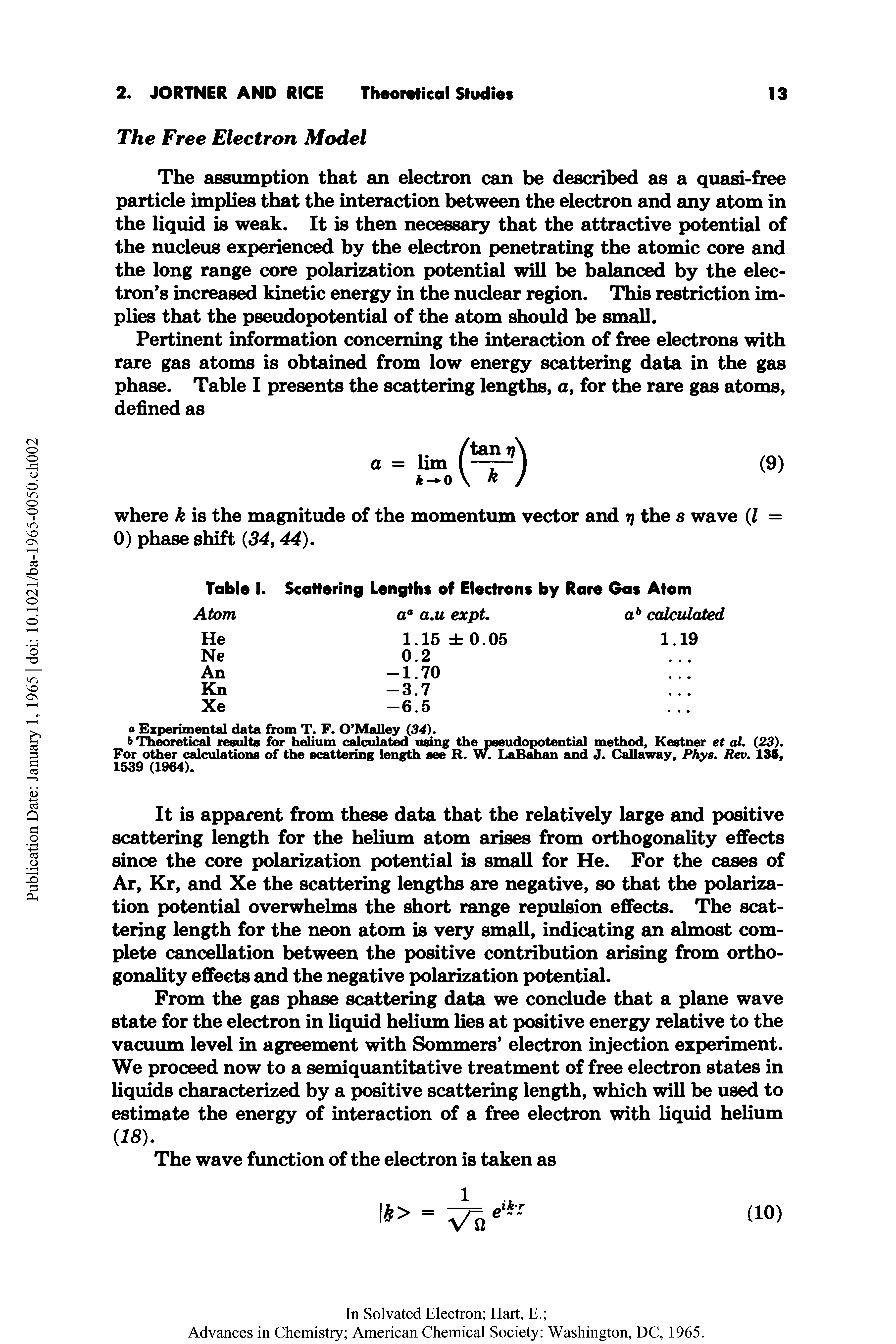 Table I. Scattering Lengths of Electrons by Rare Gas Atom...