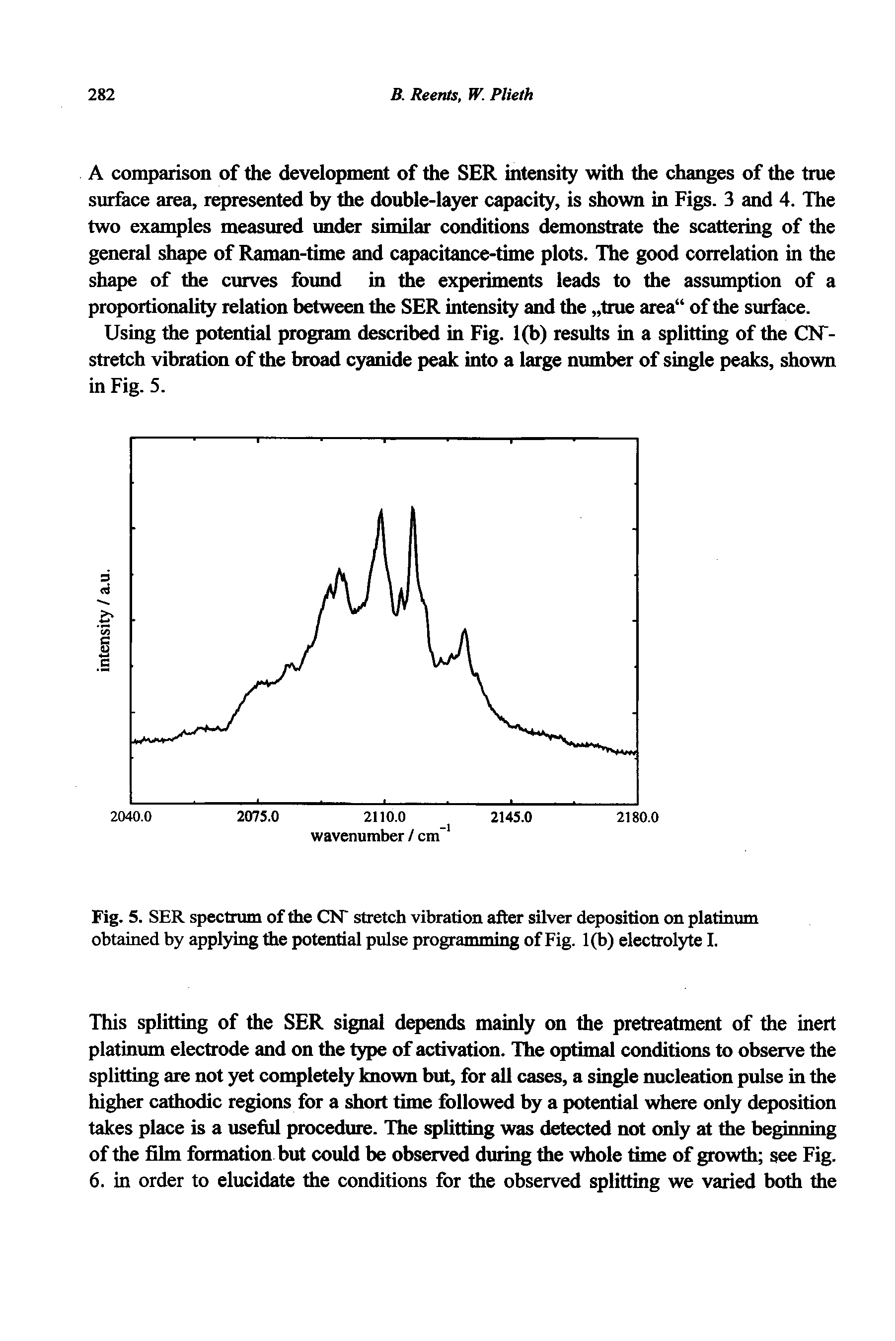 Fig. 5. SER spectrum of the CN" stretch vibration after silver deposition on platinum obtained by applying the potential pulse programming of Fig. 1(b) electrolyte I.