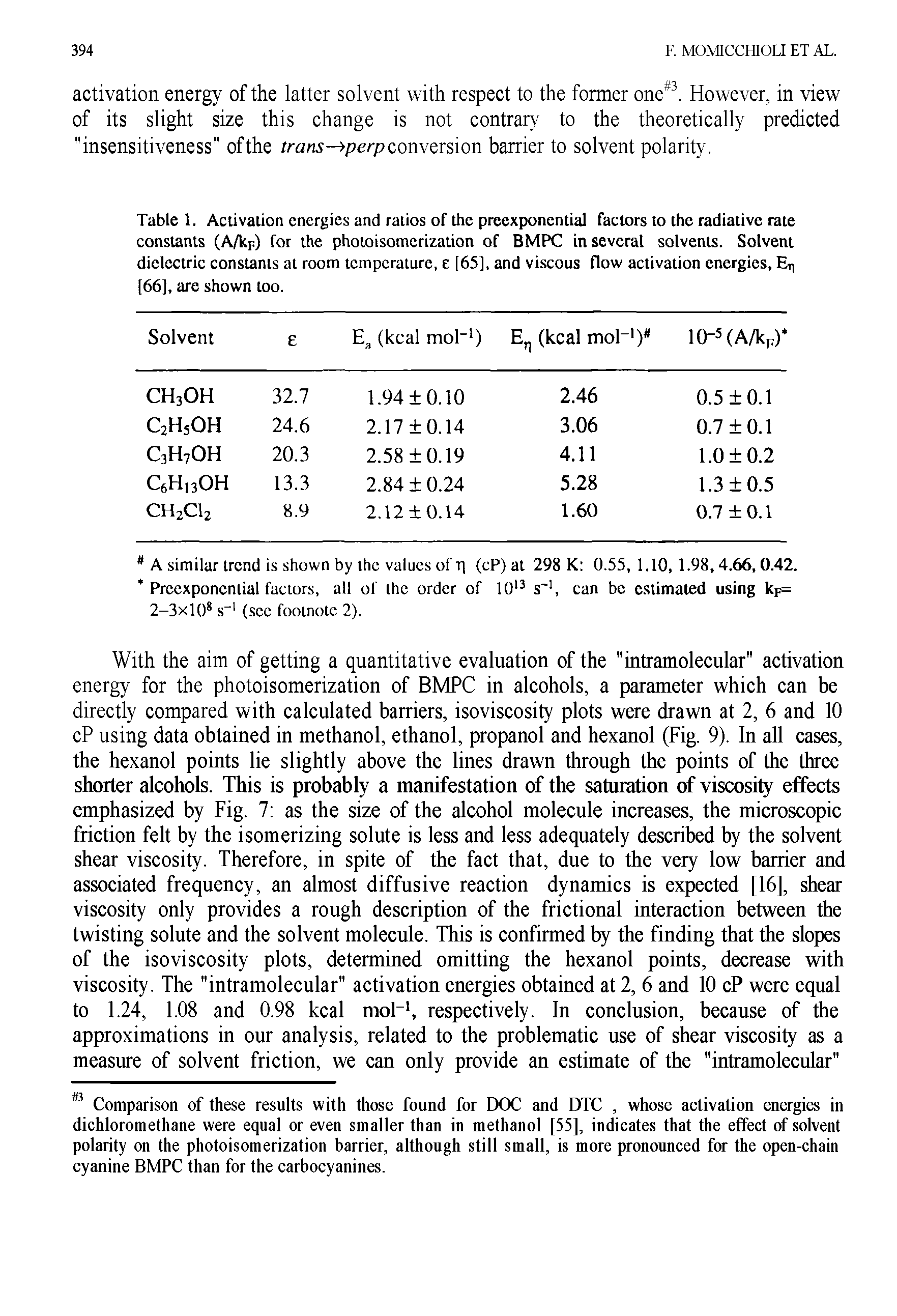 Table 1. Activation energies and ratios of the preexponential factors to the radiative rate constants (A/kp) for the photoisomcrization of BMPC in several solvents. Solvent dielectric constants at room temperature, e [65], and viscous flow activation energies, Eri [66], are shown too.