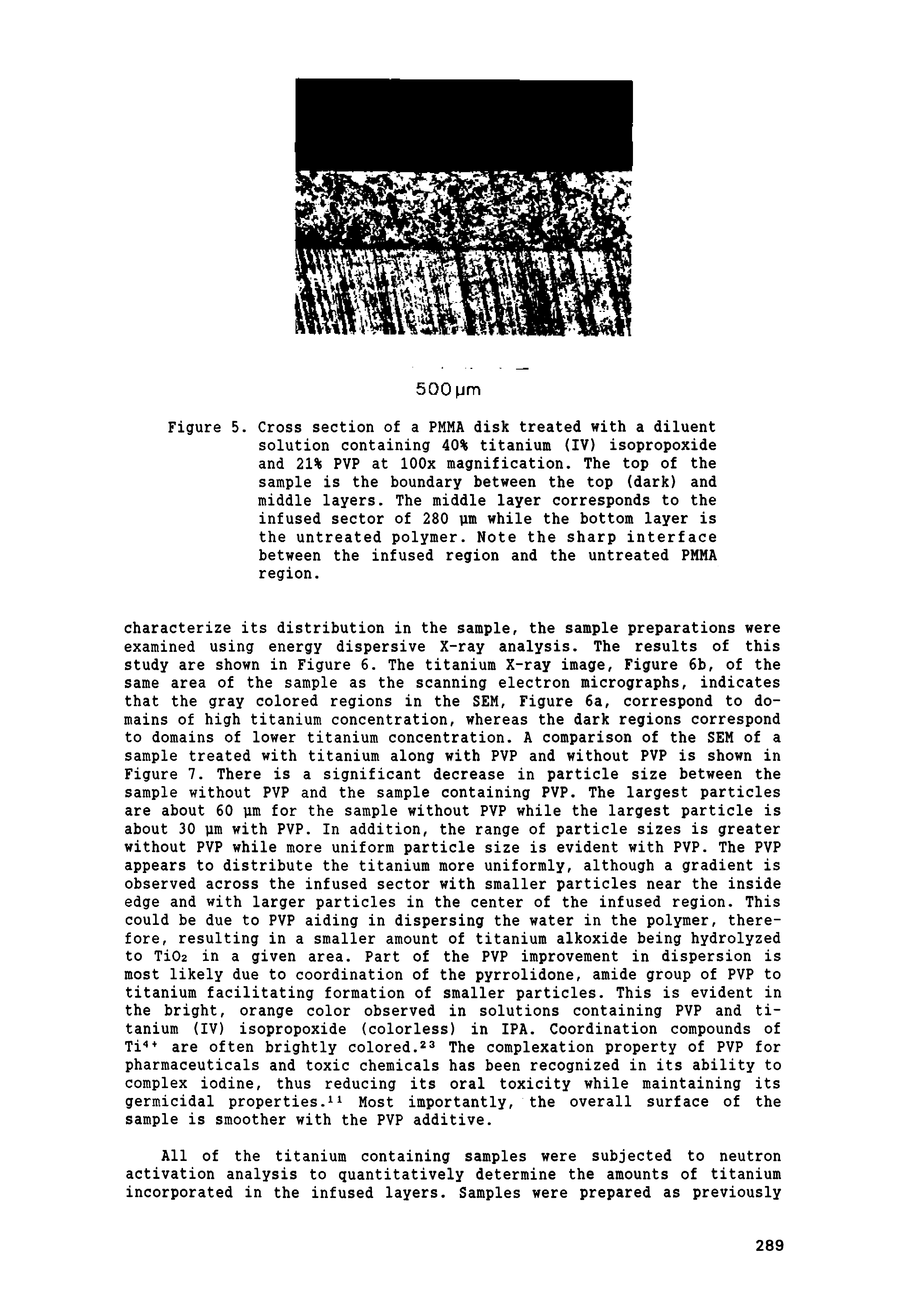 Figure 5. Cross section of a PMMA disk treated with a diluent solution containing 40% titanium (IV) isopropoxide and 21% PVP at lOOx magnification. The top of the sample is the boundary between the top (dark) and middle layers. The middle layer corresponds to the infused sector of 280 m while the bottom layer is the untreated polymer. Note the sharp interface between the infused region and the untreated PMMA region.