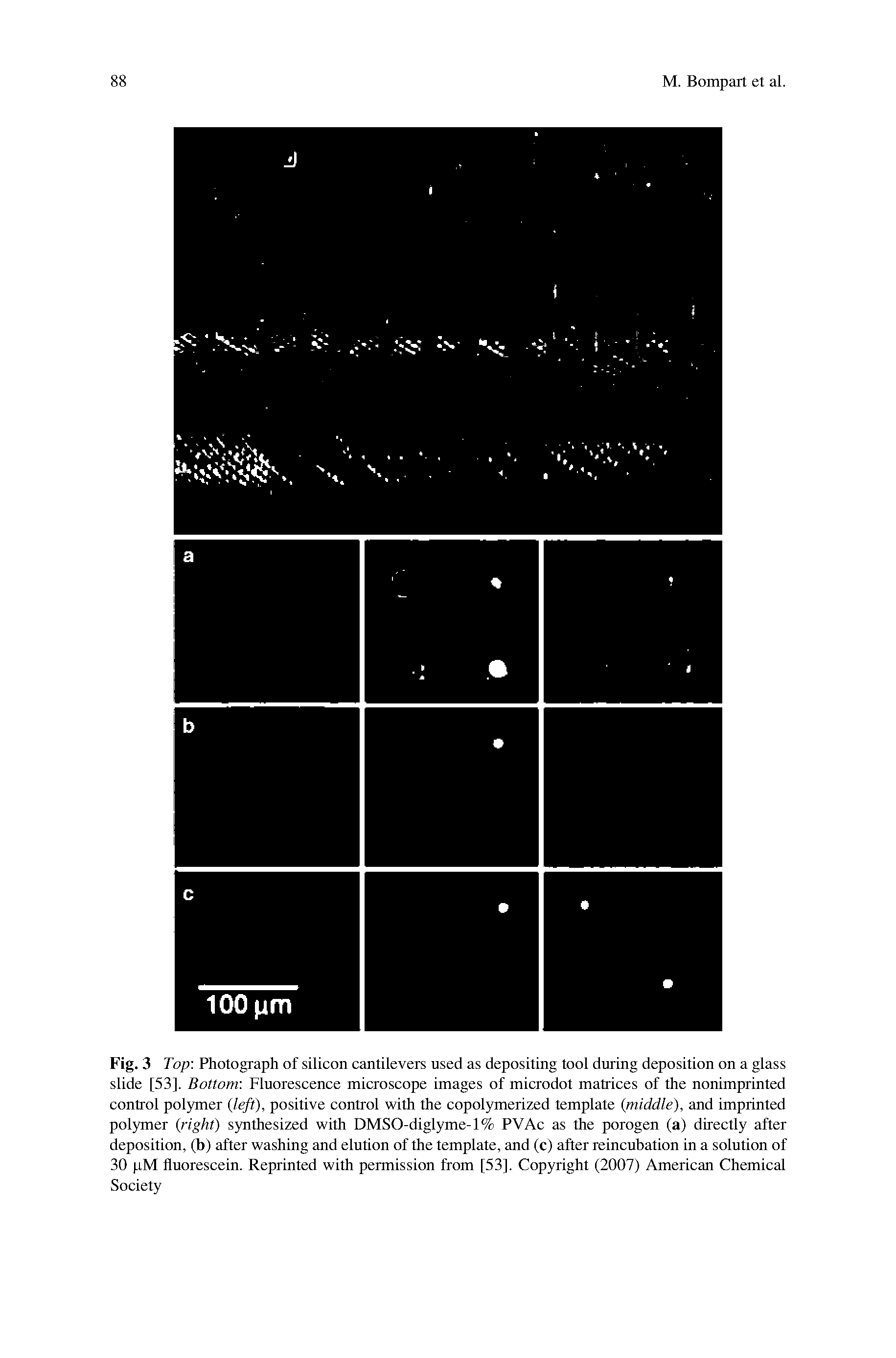 Fig. 3 Top Photograph of silicon cantilevers used as depositing tool during deposition on a glass slide [53], Bottom Fluorescence microscope images of microdot matrices of the nonimprinted control polymer (left), positive control with the copolymerized template (middle), and imprinted polymer (right) synthesized with DMSO-diglyme-1% PVAc as the porogen (a) directly after deposition, (b) after washing and elution of the template, and (c) after reincubation in a solution of 30 pM fluorescein. Reprinted with permission from [53], Copyright (2007) American Chemical Society...