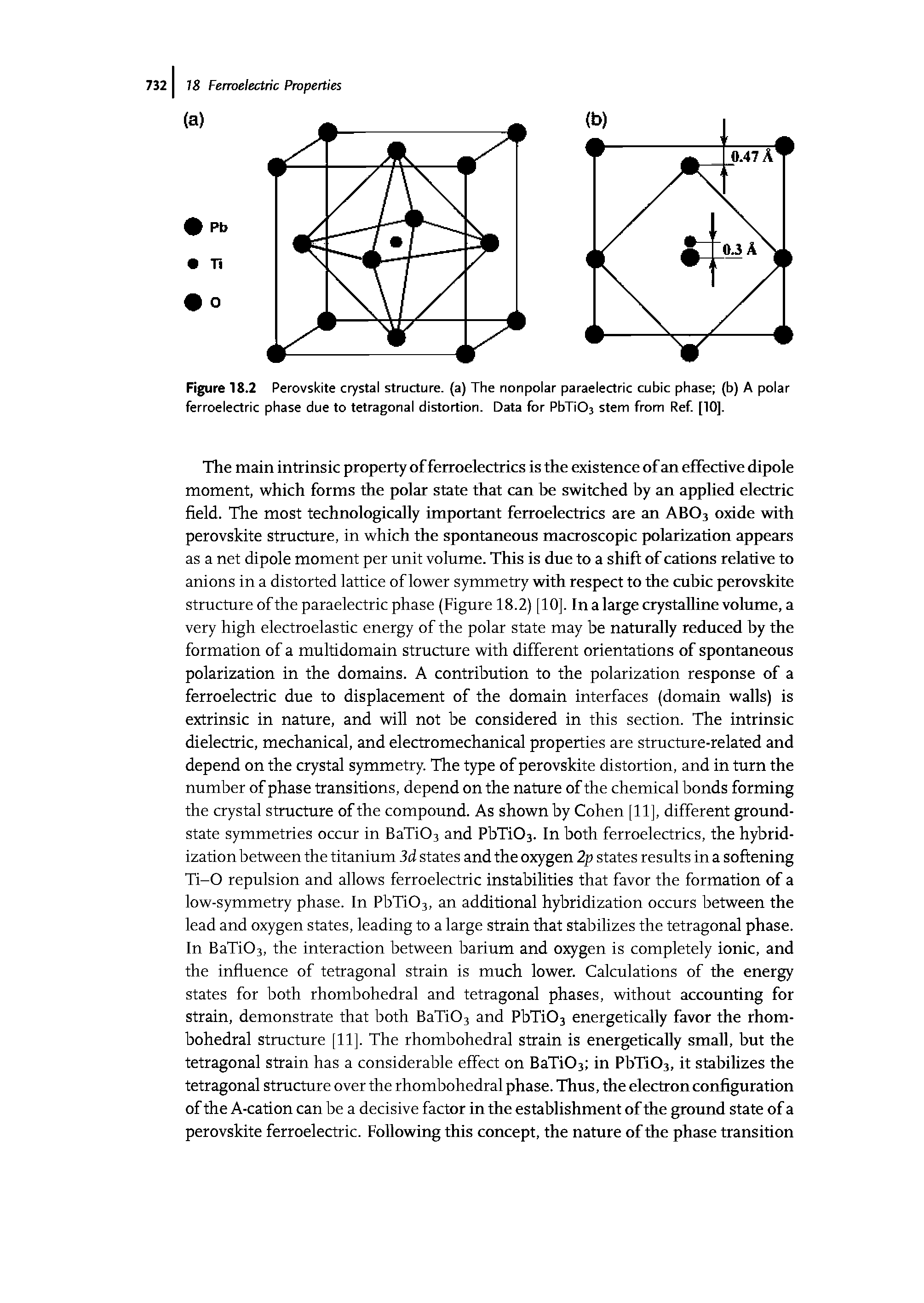 Figure 18.2 Perovskite crystal structure, (a) The nonpolar paraelectric cubic phase (b) A polar ferroelectric phase due to tetragonal distortion. Data for PbTiOs stem from Ref [10].