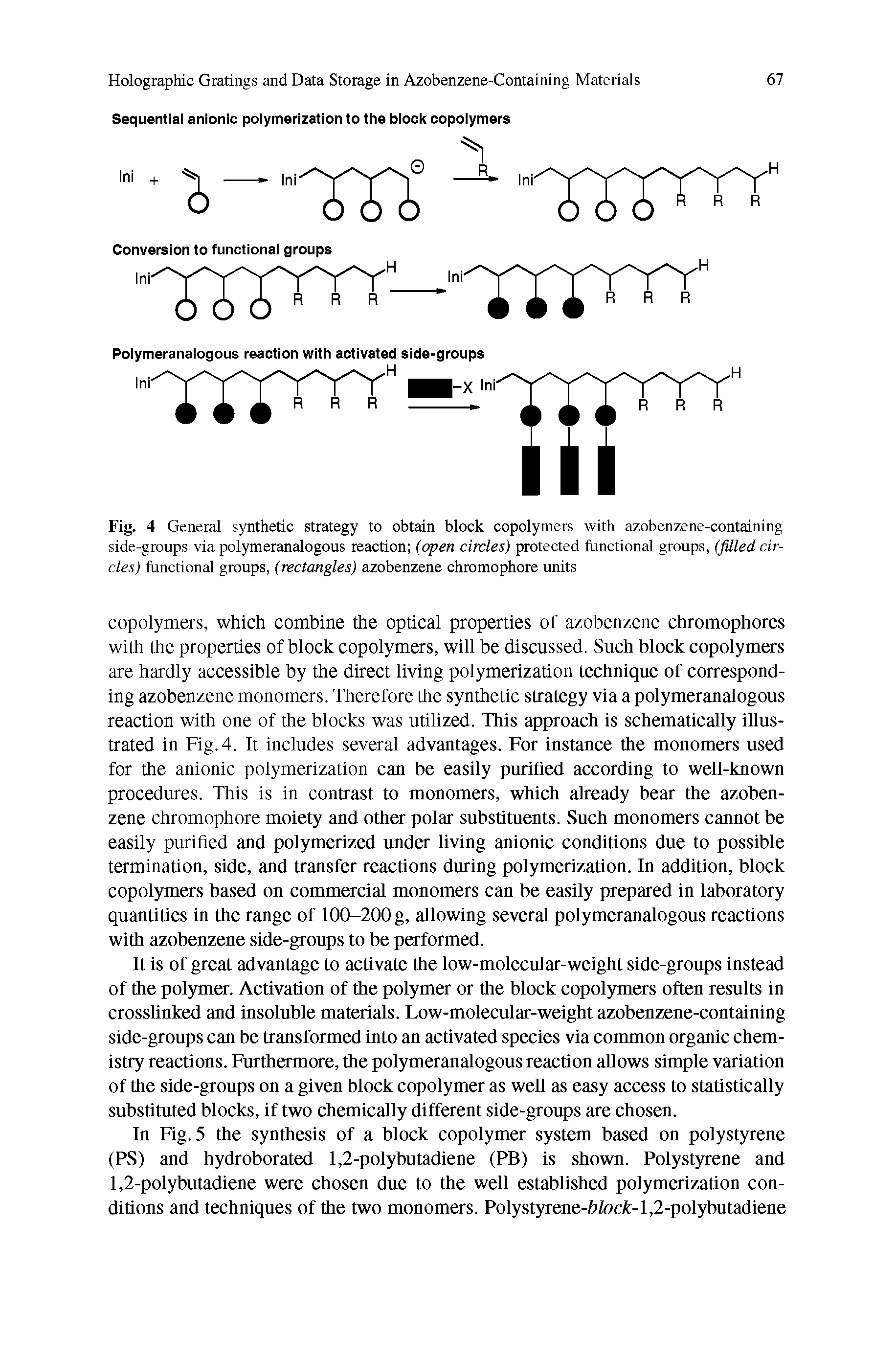 Fig. 4 General synthetic strategy to obtain block copolymers with azobenzene-containing side-groups via polymeranalogous reaction (open circles) protected functional groups, (filled circles) functional groups, (rectangles) azobenzene chromophore units...