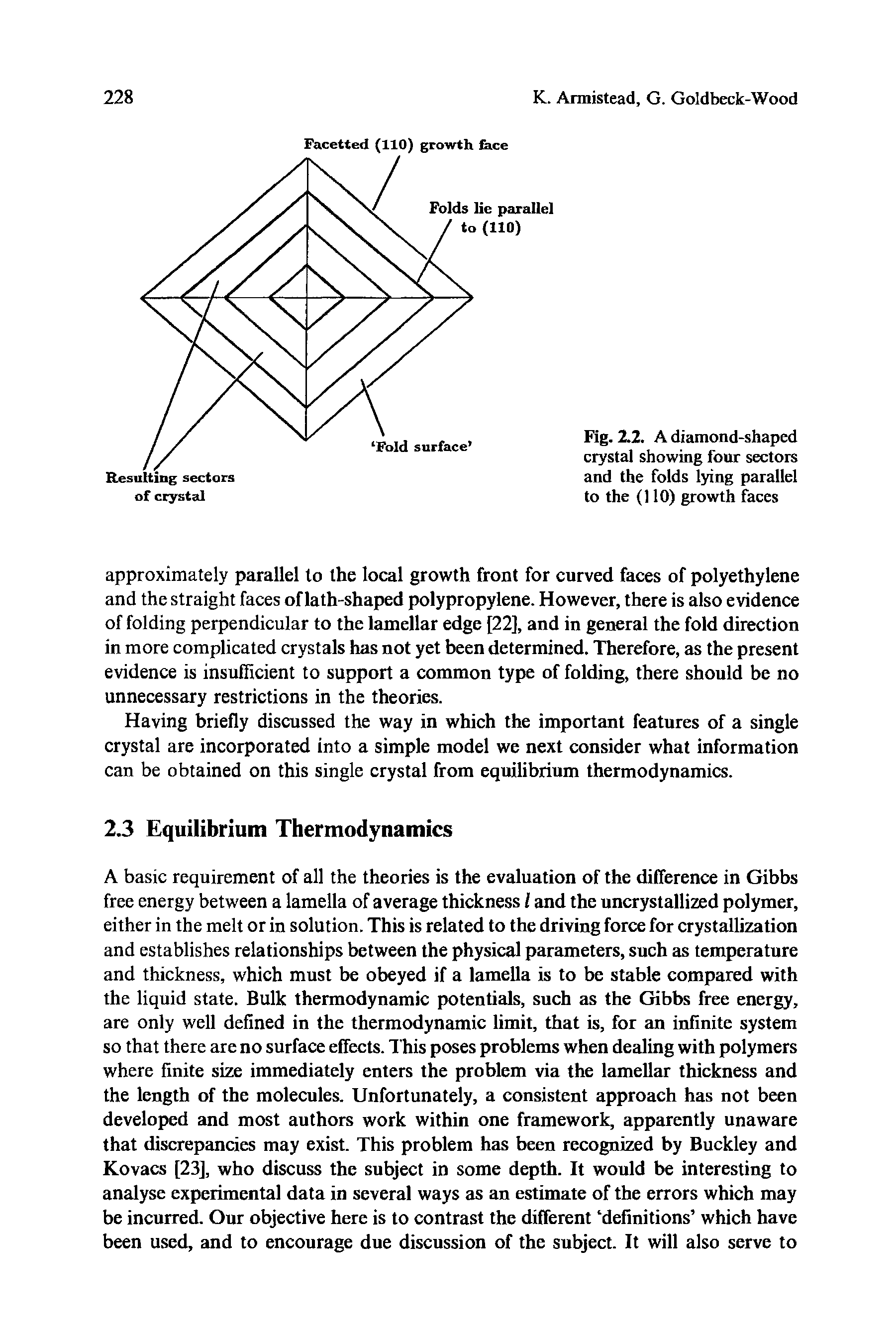 Fig. 2.2. A diamond-shaped crystal showing four sectors and the folds lying parallel to the (110) growth faces...