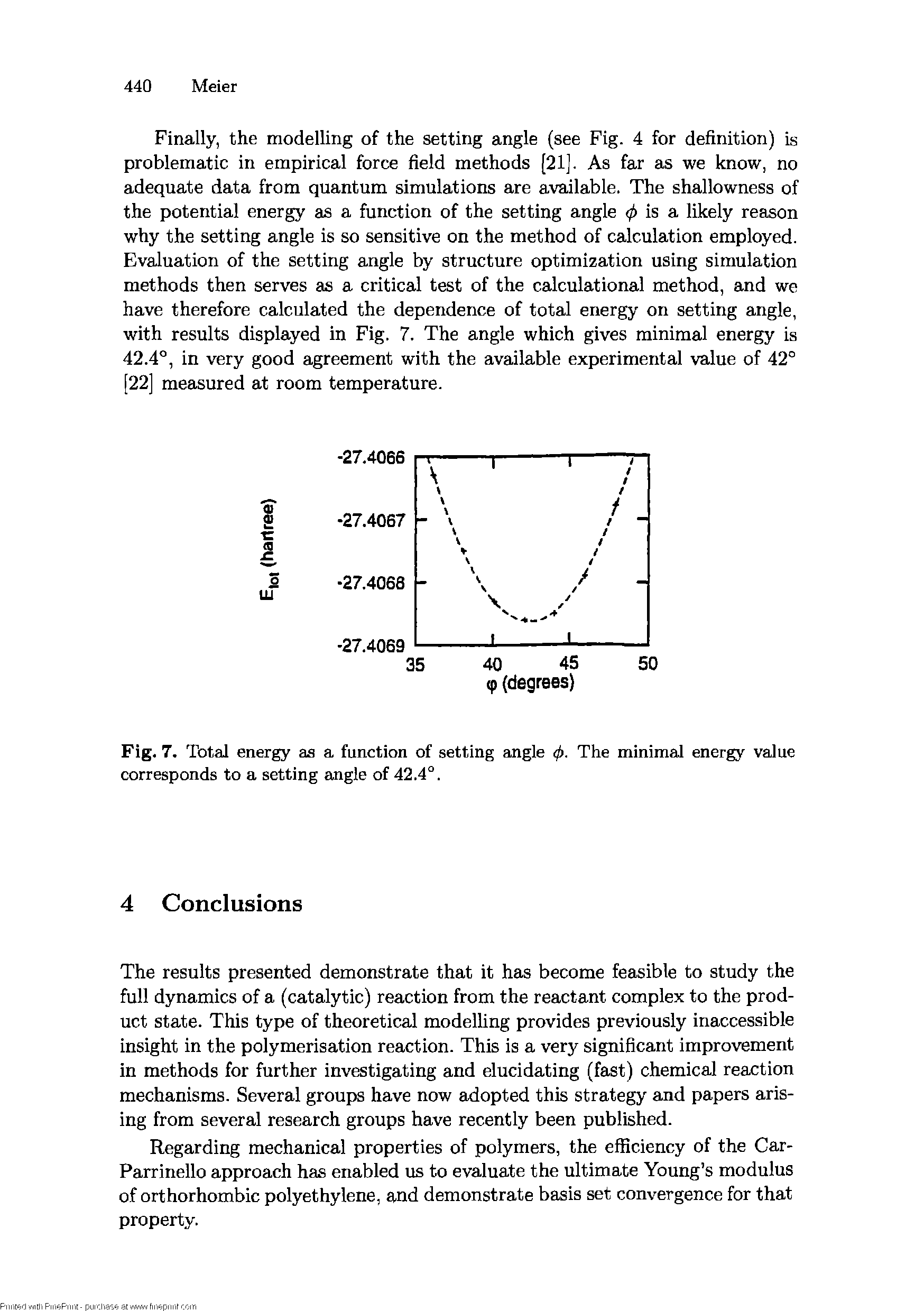 Fig. 7. Total energy as a function of setting angle 0. The minimal energy value corresponds to a setting angle of 42.4°.