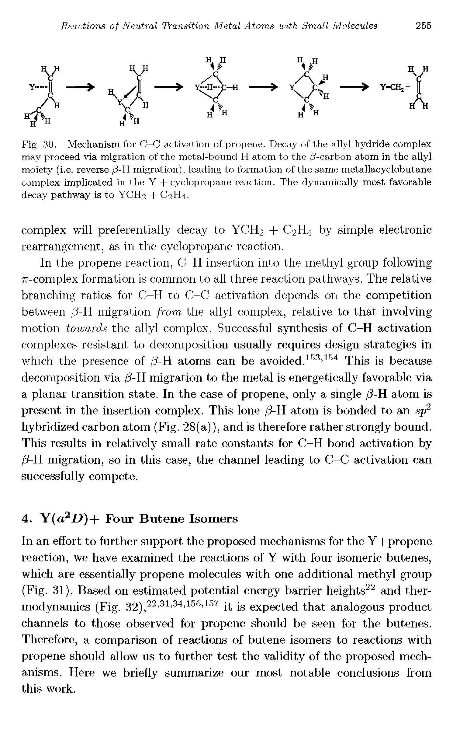 Fig. 30. Mechanism for C-C activation of propene. Decay of the allyl hydride complex may proceed via migration of the metal-bound H atom to the /3-carbon atom in the allyl moiety (i.e. reverse /3-H migration), leading to formation of the same metallacyclobutane complex implicated in the Y + cyclopropane reaction. The dynamically most favorable decay pathway is to YCH2 + C2H4.