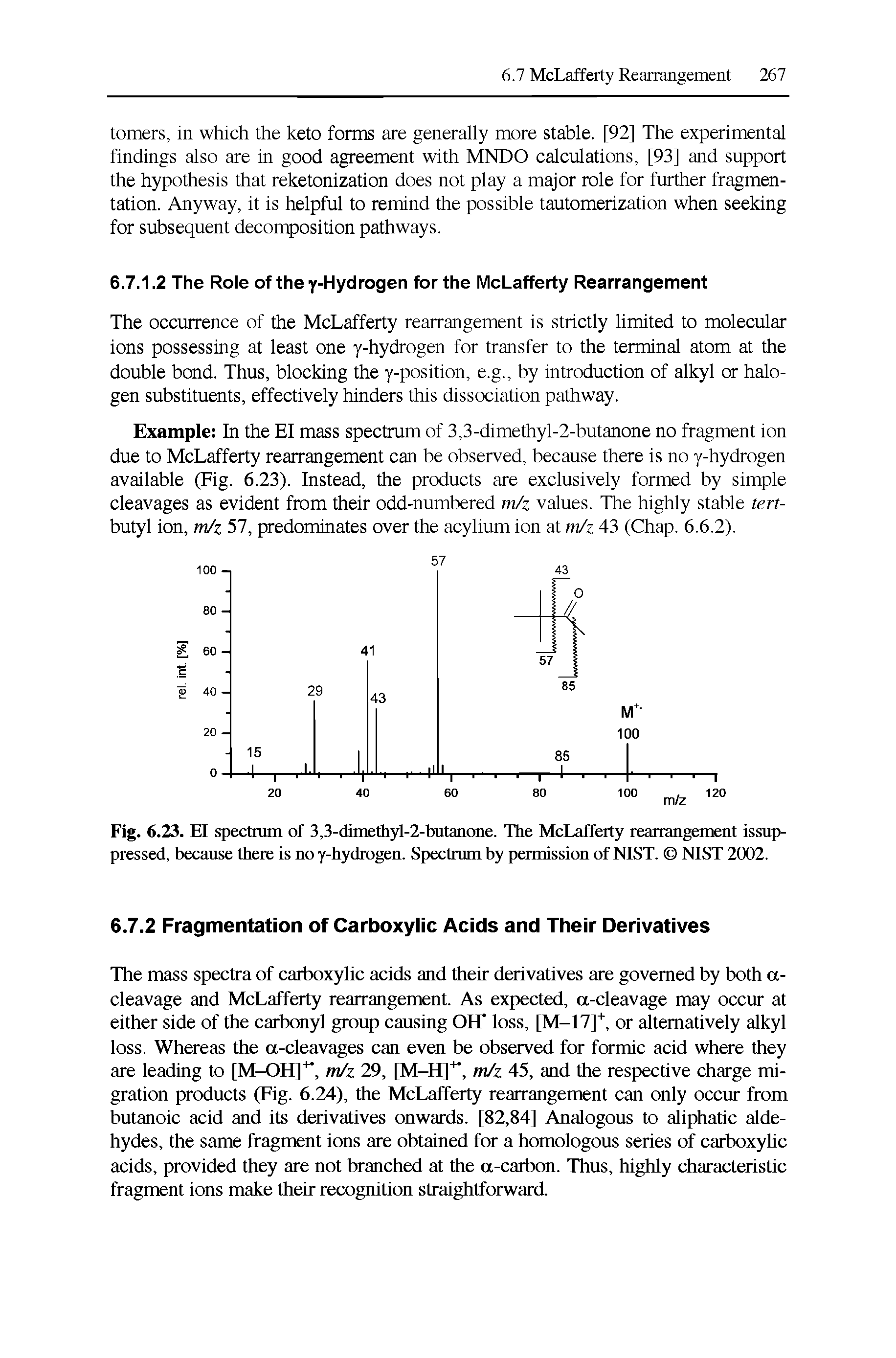 Fig. 6.23. El spectrum of 3,3-dimethyl-2-butaaone. The McLafferty rearrangement issup-pressed, because there is no y-hydrogen. Spectrum by permission of NIST. NIST 2002.