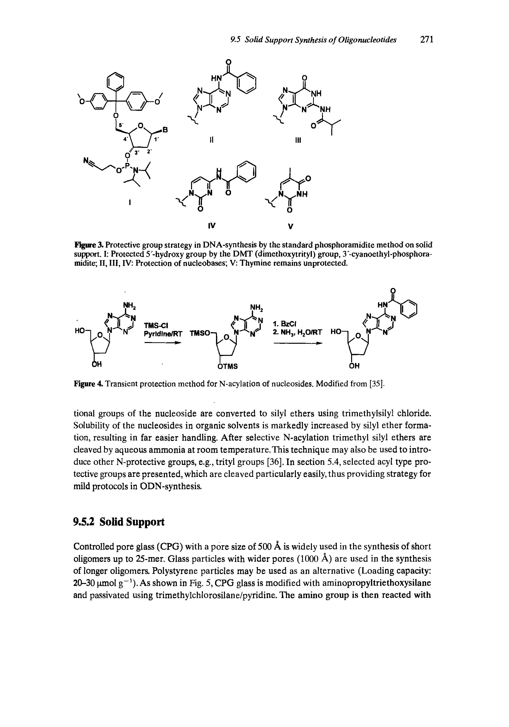 Figure 3. Protective group strategy in DNA-synthesis by the standard phosphoramidite method on solid support. I Protected 5 -hydroxy group by the DMT (dimethoxytrityl) group, 3 -cyanoethyl-phosphora-midite II, III, IV Protection of nucleobases V Thymine remains unprotected.