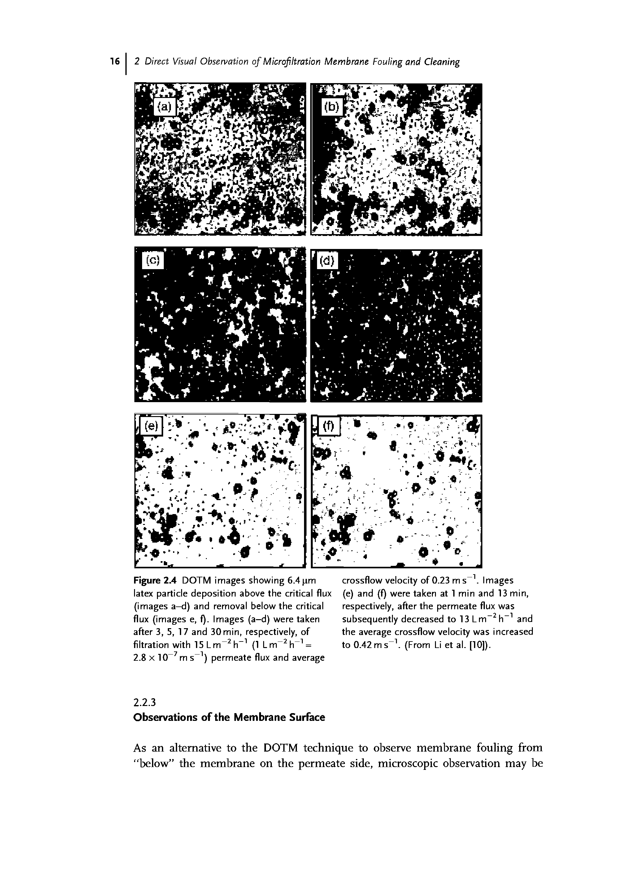 Figure 2.4 DOTM images showing 6.4 im latex particle deposition above the critical flux (images a-d) and removal below the critical flux (images e, f). Images (a-d) were taken after 3, 5, 17 and 30 min, respectively, of filtration with 15Lm h (1 Lm h =...