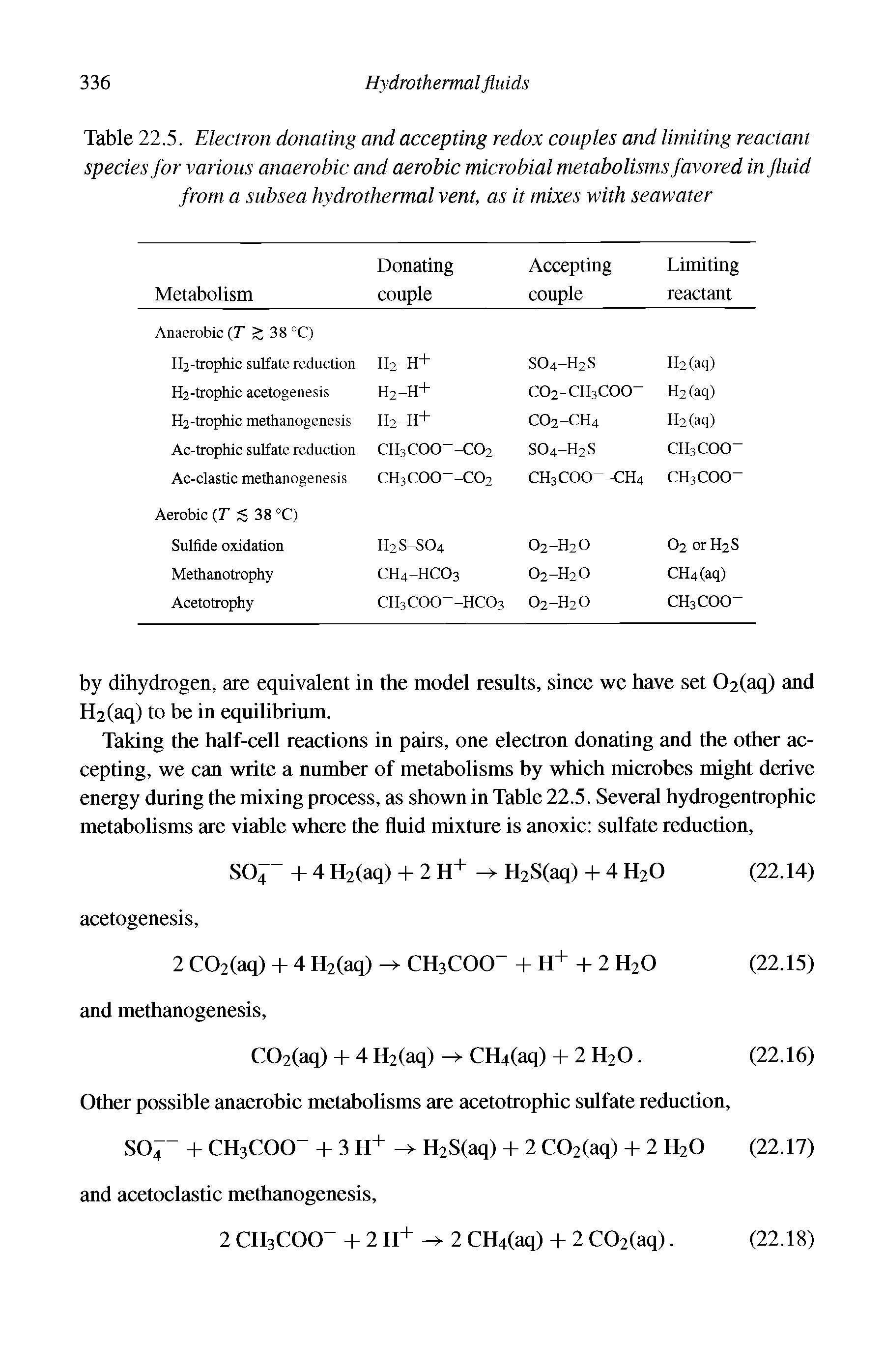 Table 22.5. Electron donating and accepting redox couples and limiting reactant species for various anaerobic and aerobic microbial metabolisms favored in fluid from a subsea hydrothermal vent, as it mixes with seawater...