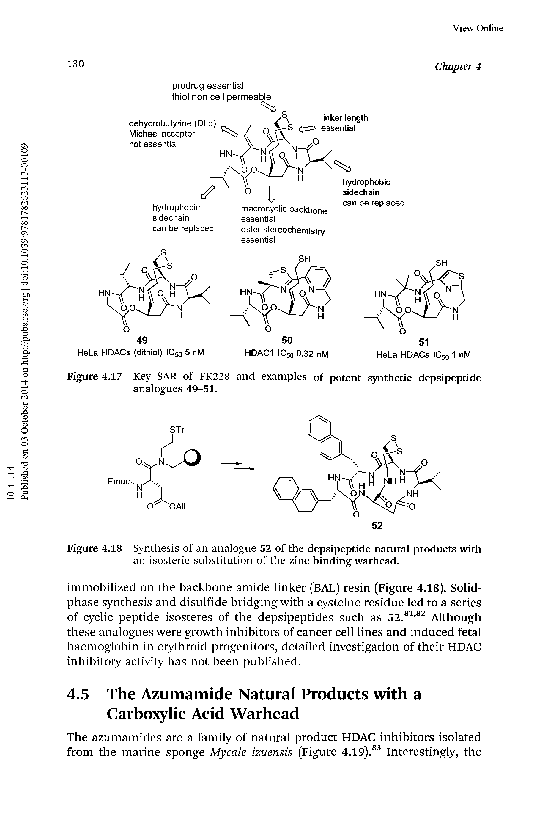 Figure 4.18 Synthesis of an analogue 52 of the depsipeptide natural products with an isosteric substitution of the zinc binding warhead.