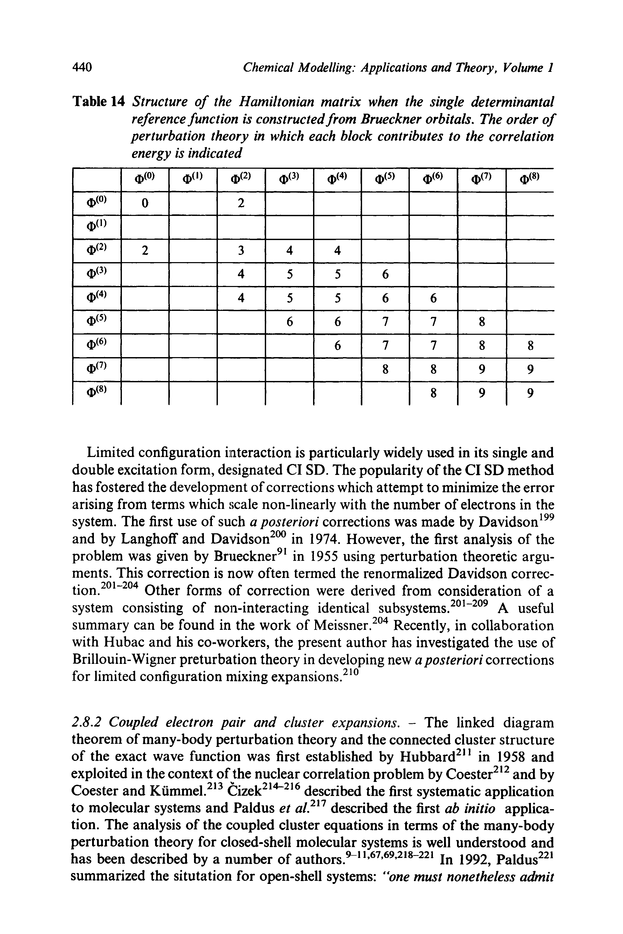 Table 14 Structure of the Hamiltonian matrix when the single determinantal reference function is constructed from Brueckner orbitals. The order of perturbation theory in which each block contributes to the correlation energy is indicated...