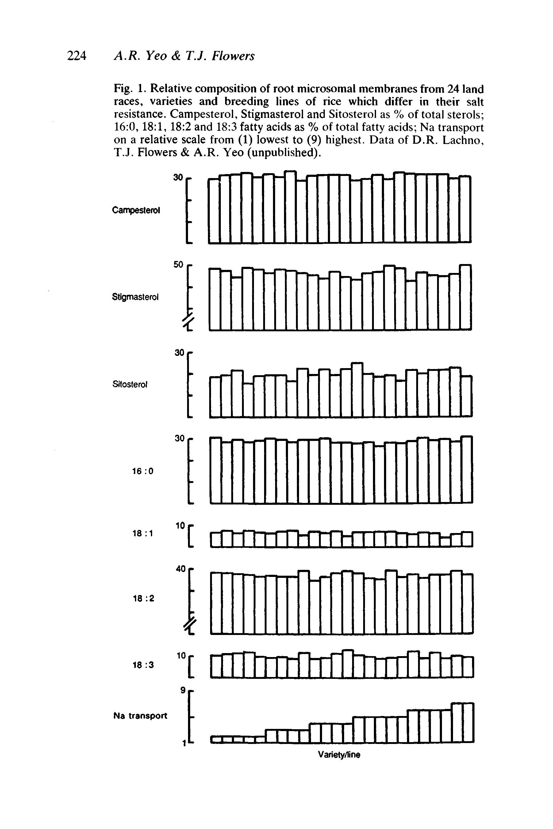 Fig. 1. Relative composition of root microsomal membranes from 24 land races, varieties and breeding lines of rice which differ in their salt resistance. Campesterol, Stigmasterol and Sitosterol as % of total sterols 16 0, 18 1, 18 2 and 18 3 fatty acids as % of total fatty acids Na transport on a relative scale from (1) lowest to (9) highest. Data of D.R. Lachno, T.J. Flowers A.R. Yeo (unpublished).