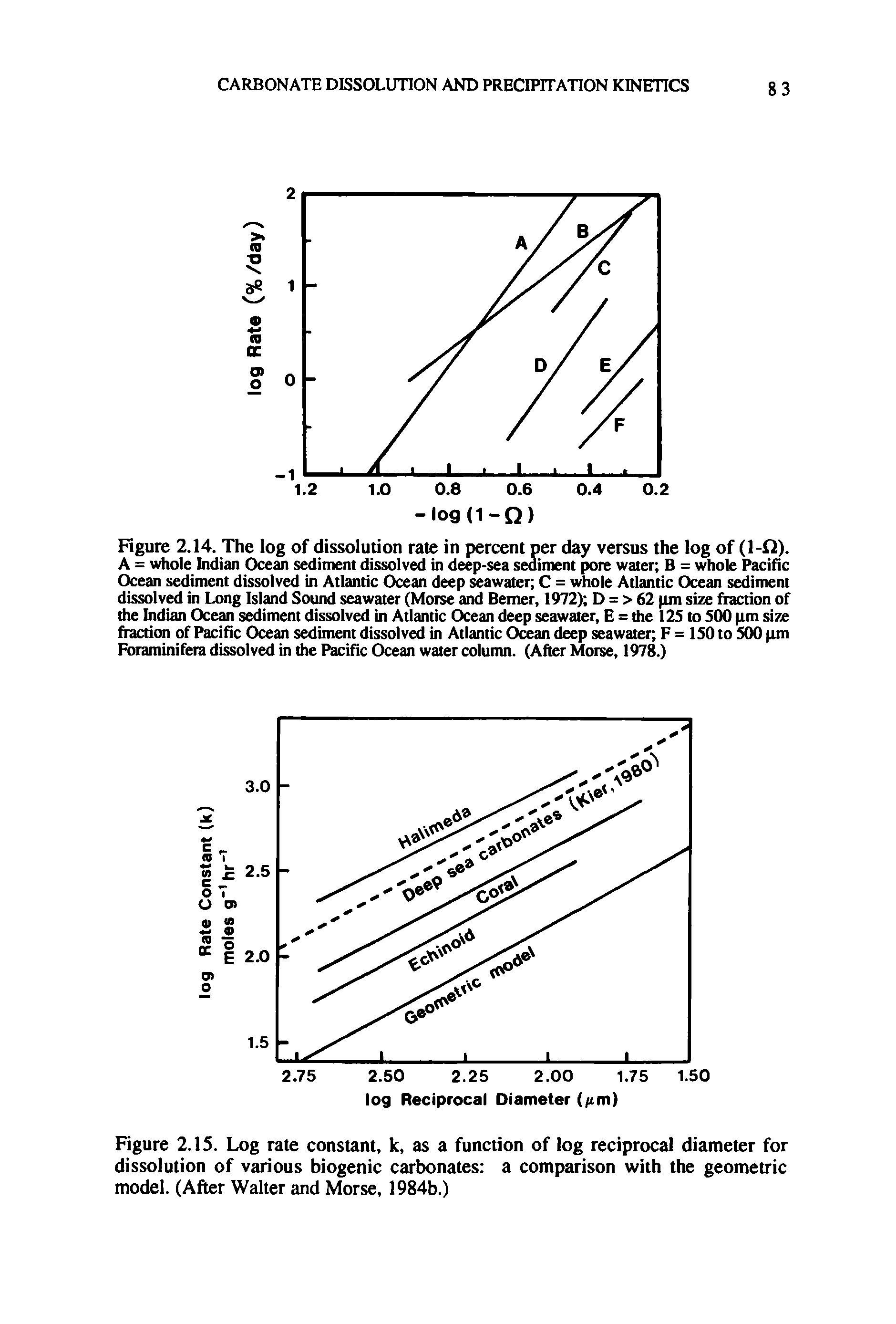 Figure 2.14. The log of dissolution rate in percent per day versus the log of (1-fi). A = whole Indian Ocean sediment dissolved in deep-sea sediment pore water B = whole Pacific Ocean sediment dissolved in Atlantic Ocean deep seawater C = whole Atlantic Ocean sediment dissolved in Long Island Sound seawater (Morse and Berner, 1972) D = > 62 pm size fraction of the Indian Ocean sediment dissolved in Atlantic Ocean deep seawater, E = the 125 to 500 pm size fraction of Pacific Ocean sediment dissolved in Atlantic Ocean deep seawater F = 150 to 500 pm Foraminifera dissolved in the Pacific Ocean water column. (After Morse, 1978.)...